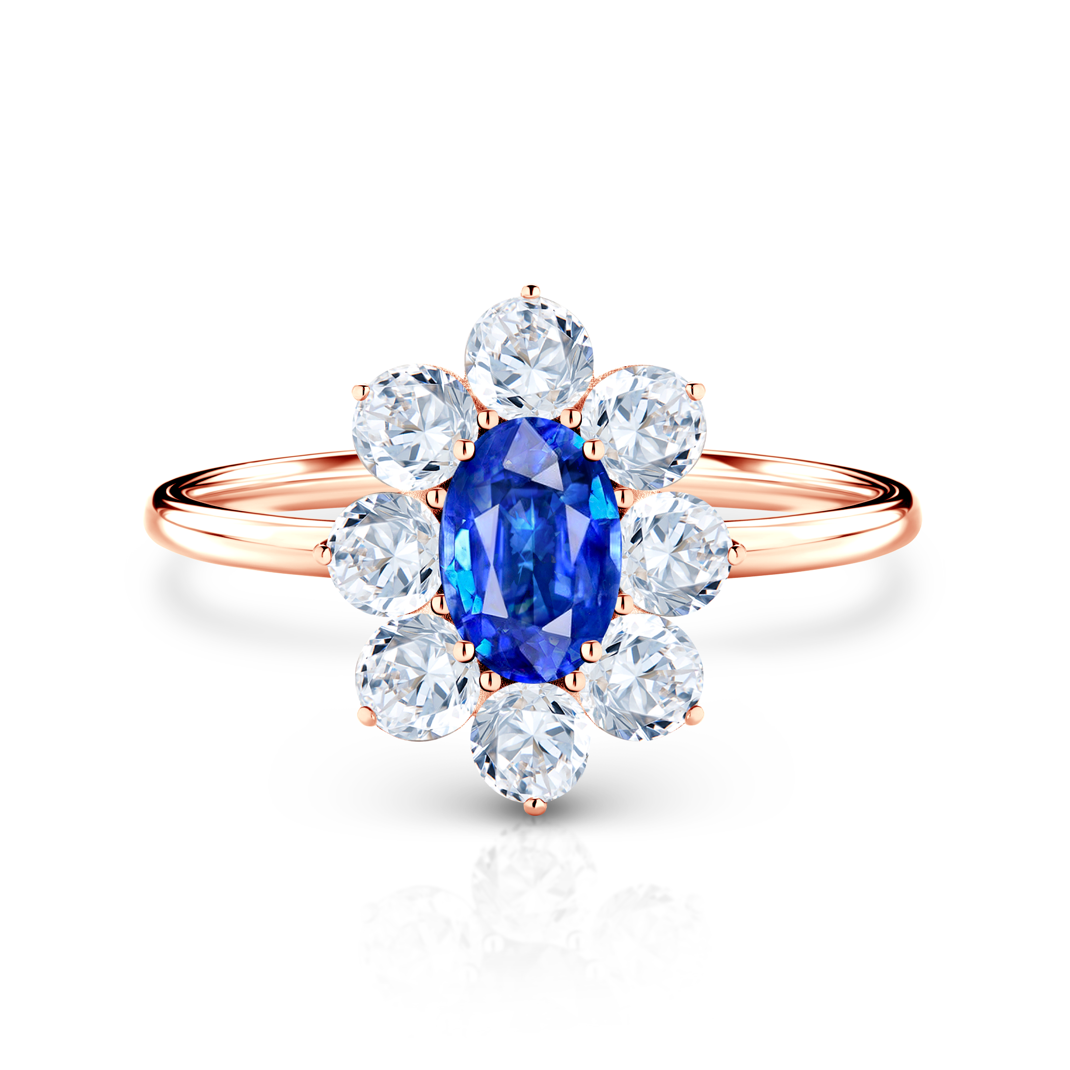Pierścionek zaręczynowy SAVICKI: różowe złoto, niebieski szafir, białe szafiry