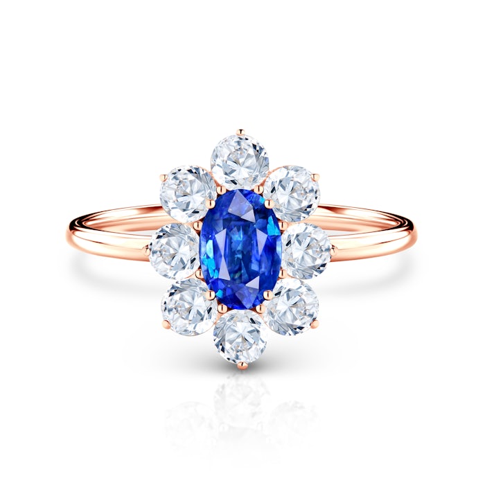 SAVICKI RING Collection | Halo Engagement Ring: rose gold, blue sapphire, white sapphires