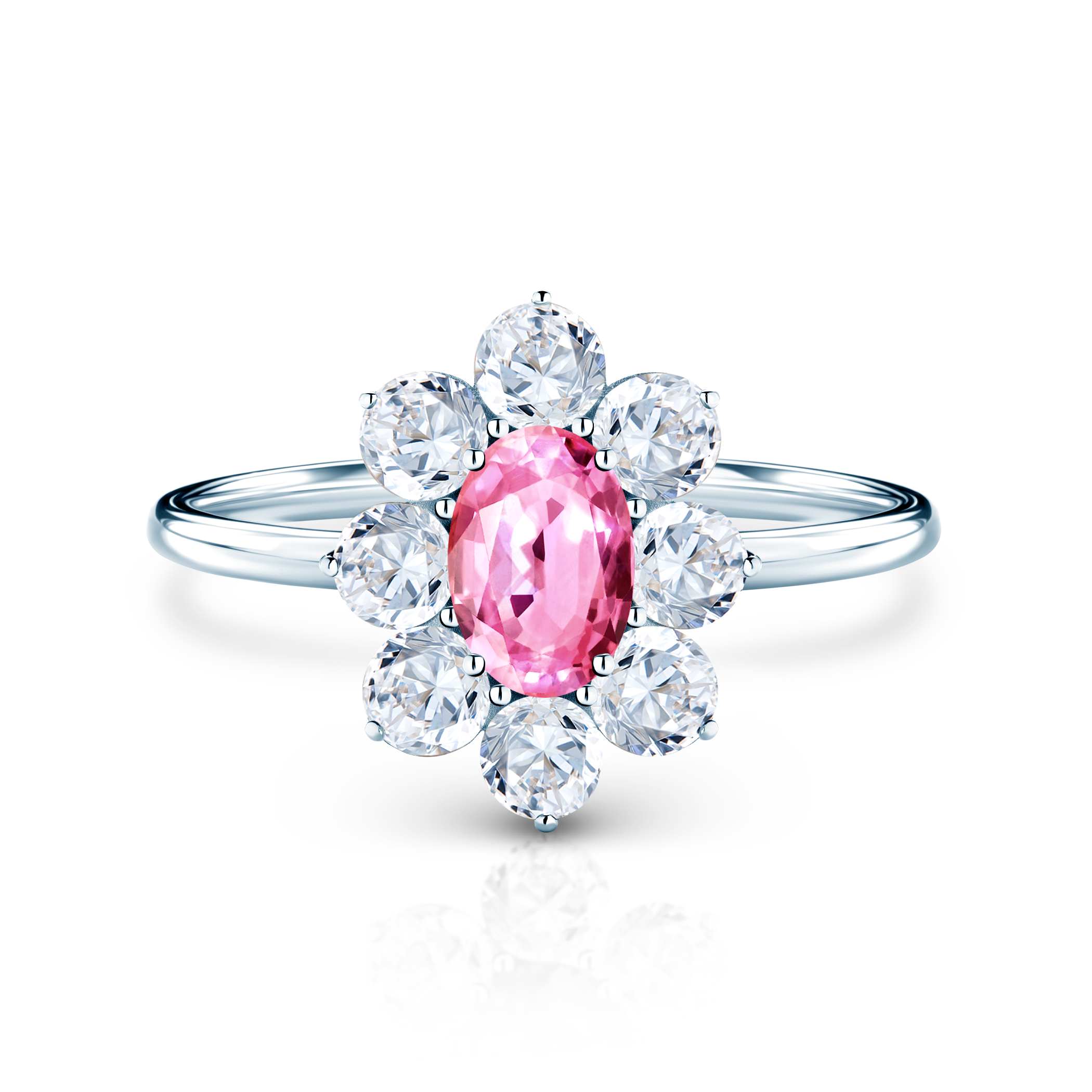 Pierścionek zaręczynowy SAVICKI: białe złoto, różowy szafir, białe szafiry