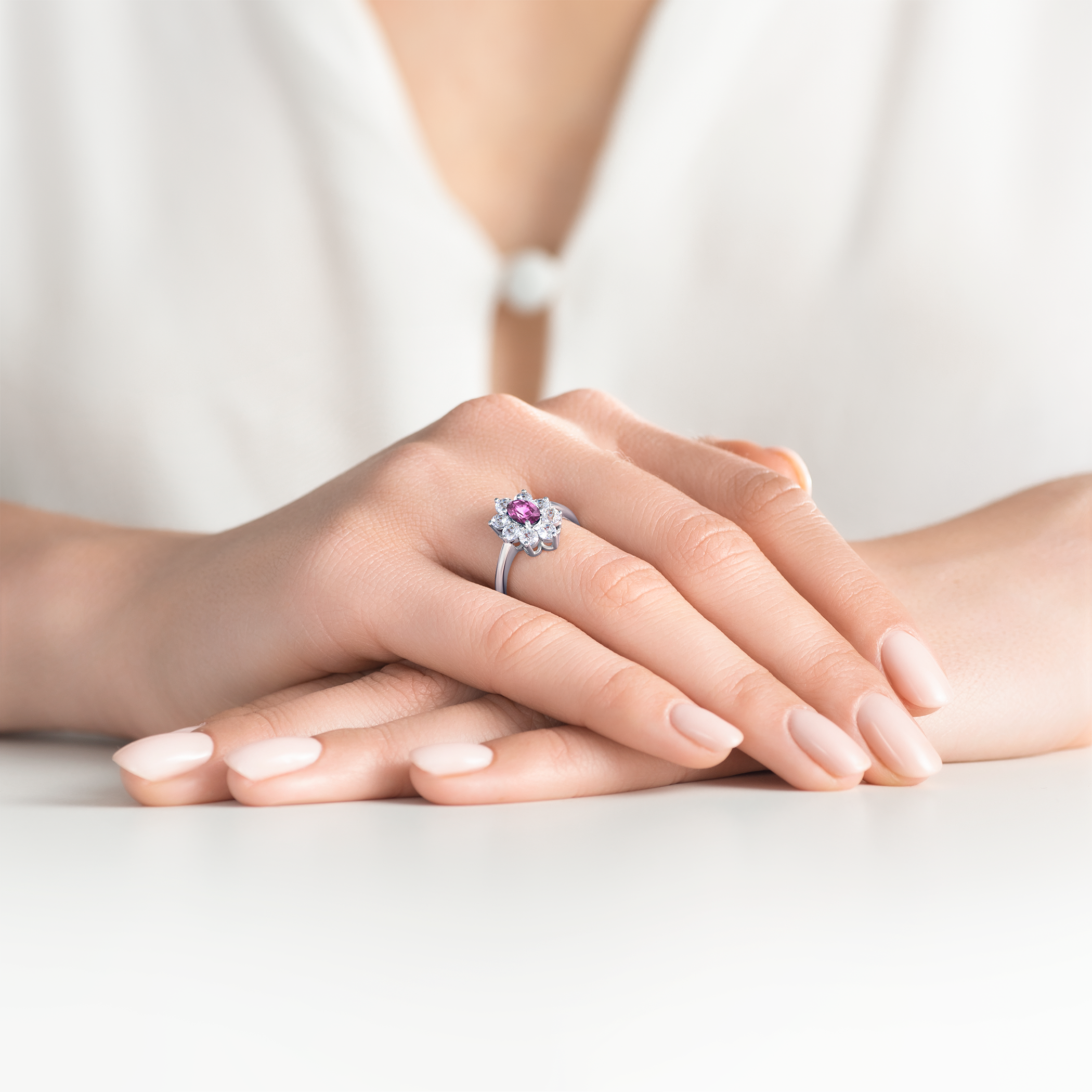 Pierścionek zaręczynowy SAVICKI: białe złoto, różowy szafir, białe szafiry - 5