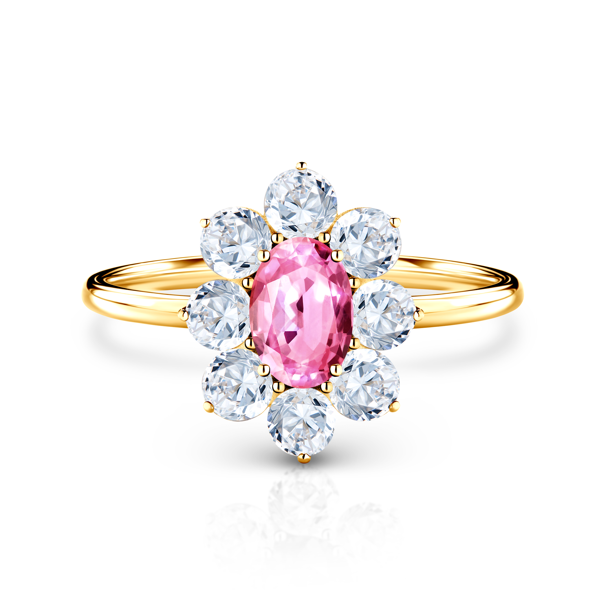 Zásnubní prsten SAVICKI: žluté zlato, růžový safír, bílé safíry