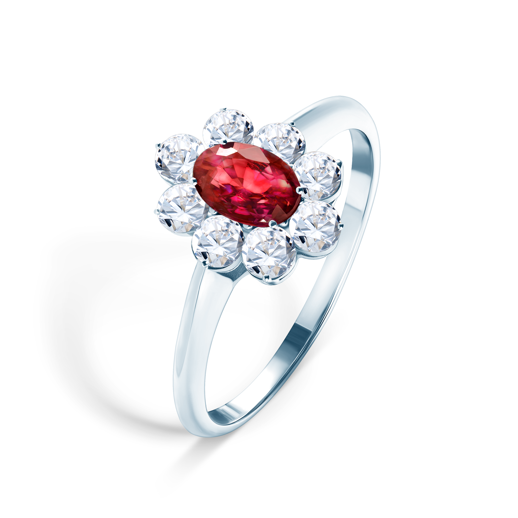 Pierścionek zaręczynowy SAVICKI: białe złoto, rubin, białe szafiry
