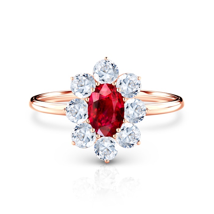 SAVICKI RING Collection | Halo Engagement Ring: rose gold, ruby, white sapphires