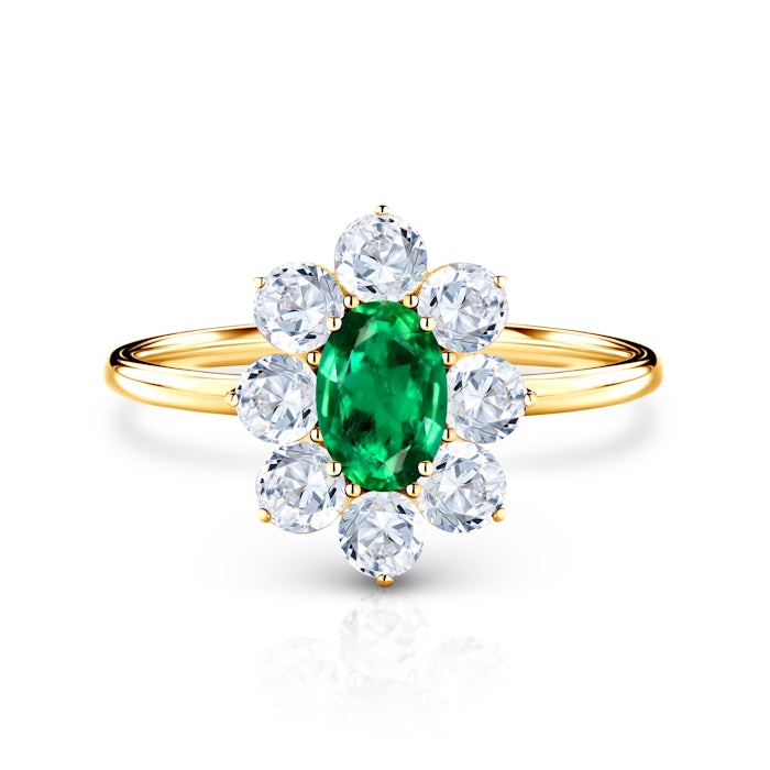 Pierścionek zaręczynowy SAVICKI: złoty, szmaragd, białe szafiry