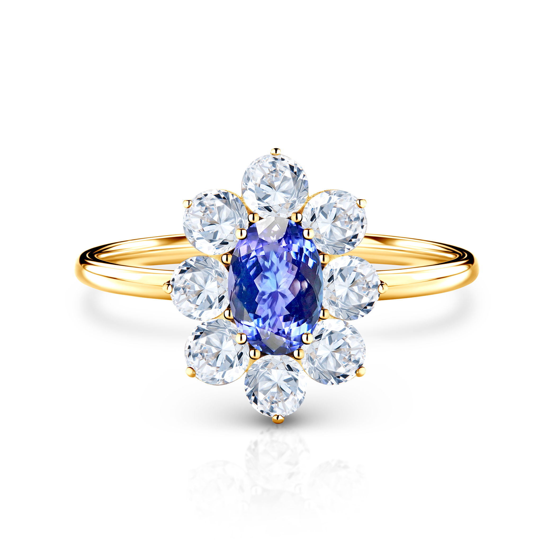 Zásnubní prsten SAVICKI: žluté zlato, tanzanit, bílé safíry