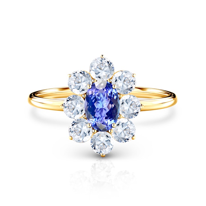 Pierścionek zaręczynowy SAVICKI: złoty, tanzanit, białe szafiry