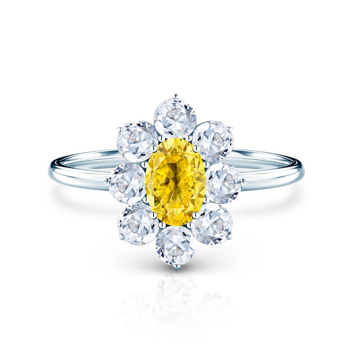 SAVICKI RING Collection | Halo Engagement Ring: white gold, yellow sapphire, white sapphires