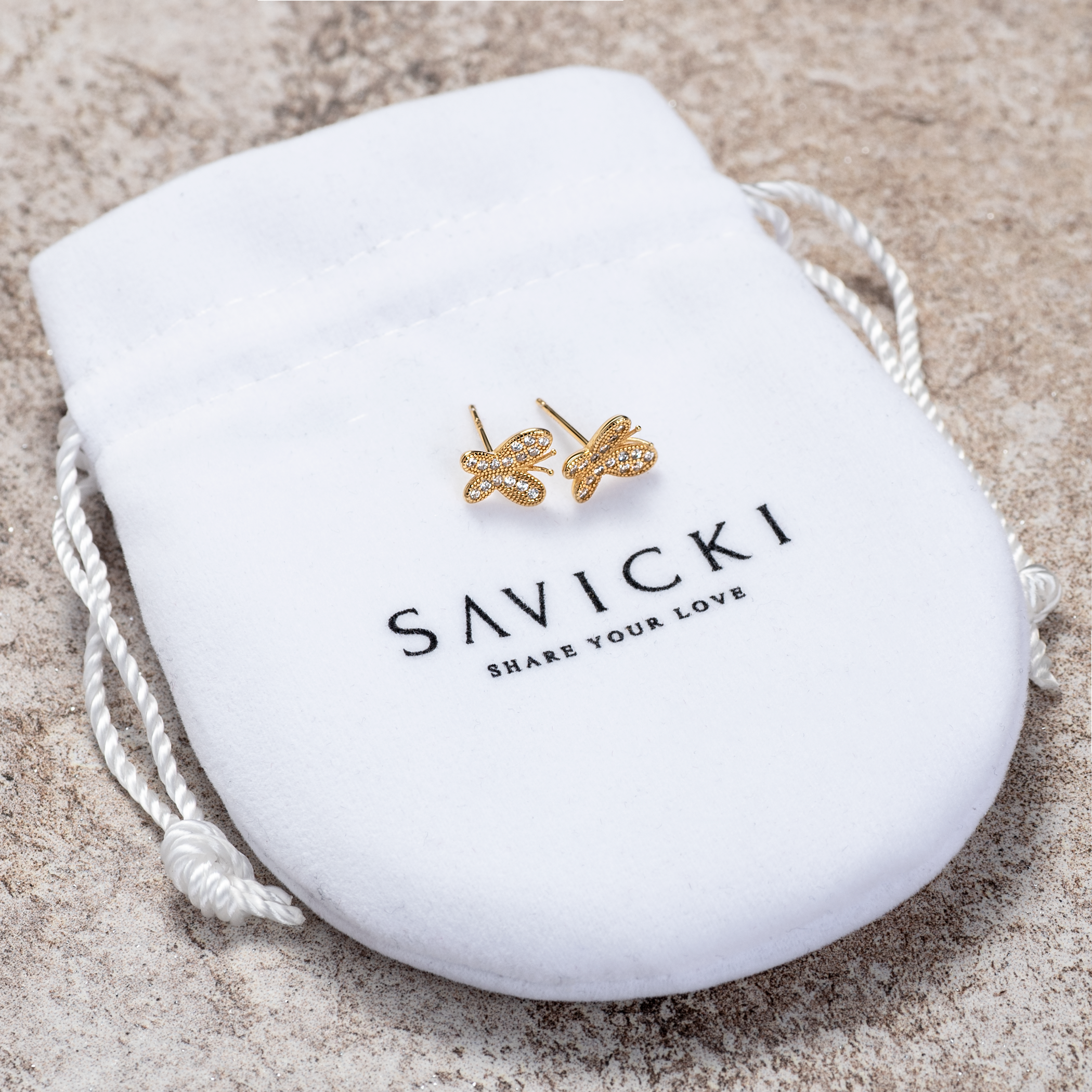 Kolczyki motylki Savicki: srebrne pozłacane, cyrkonie - 4