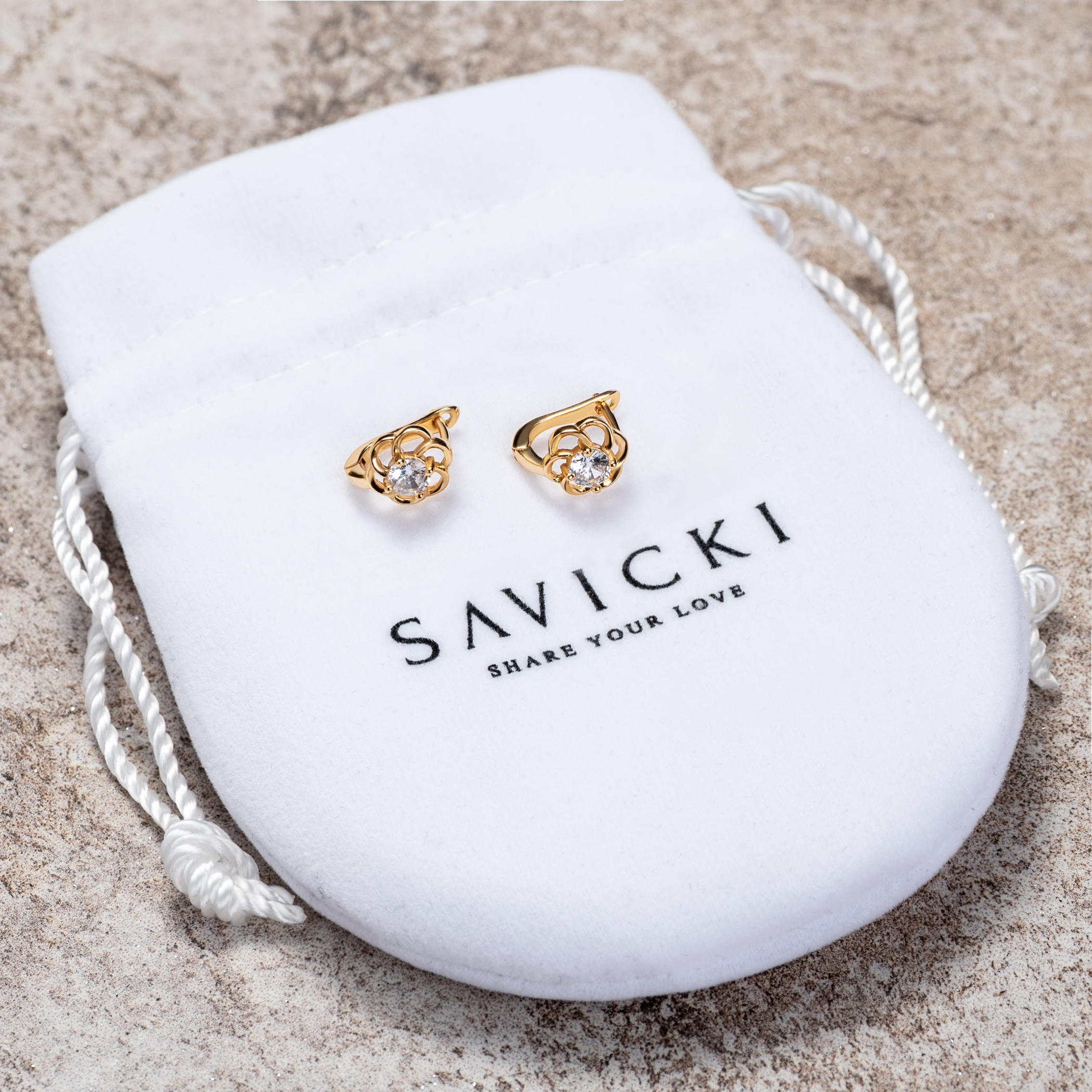 Kolczyki kwiatki Savicki: srebrne pozłacane, cyrkonie - 4