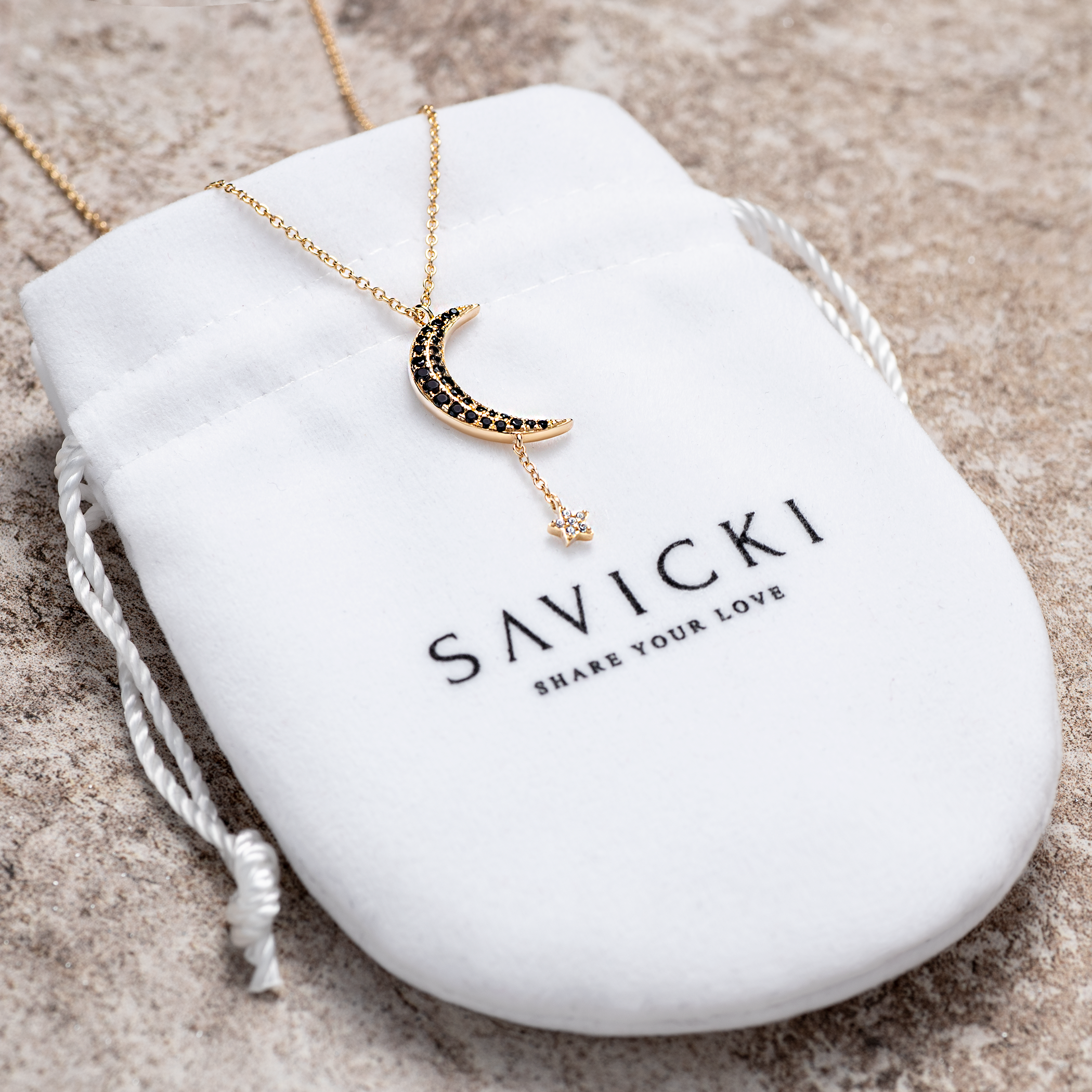 Naszyjnik celebrytka księżyc i gwiazda Savicki: srebrny pozłacany, cyrkonie - 3