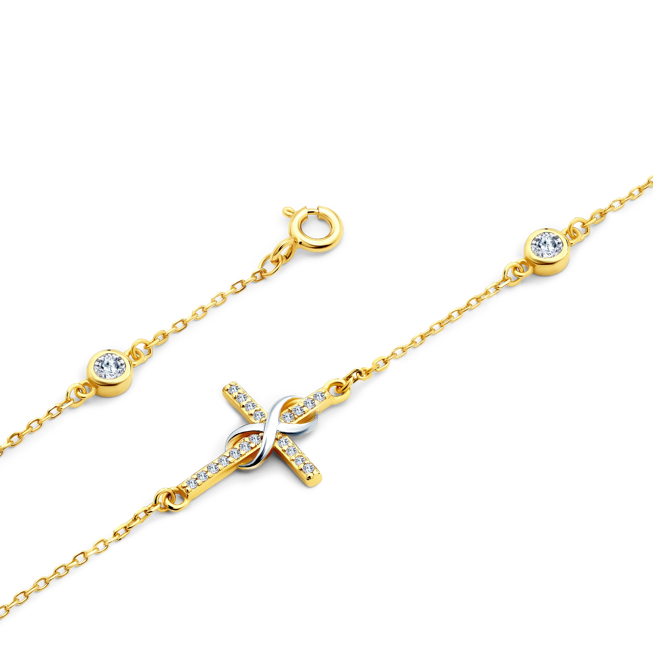 Bransoletka celebrytka krzyżyk Savicki: srebrna pozłacana, cyrkonie - 3