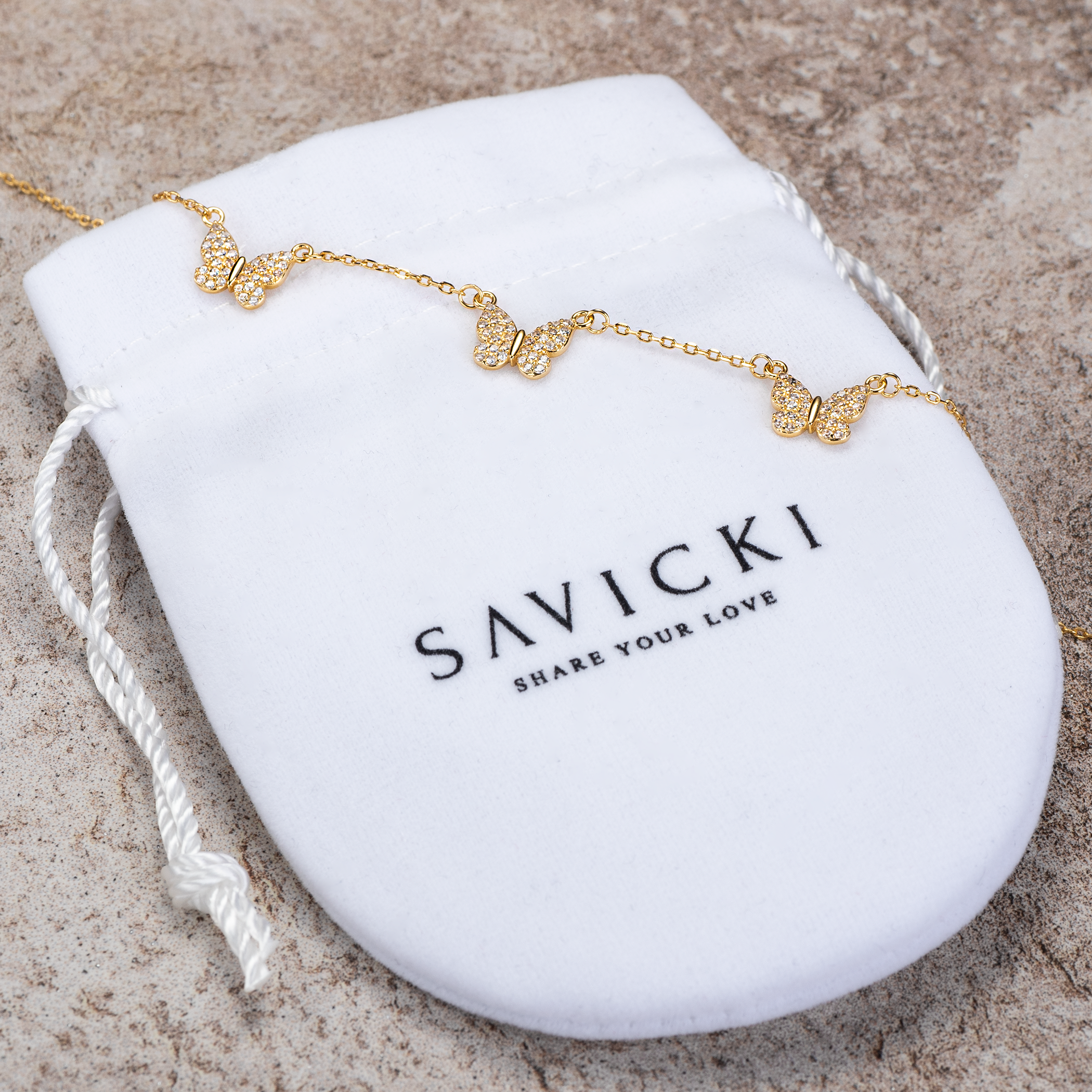 Naszyjnik motylki Savicki: srebrny pozłacany, cyrkonie - 4