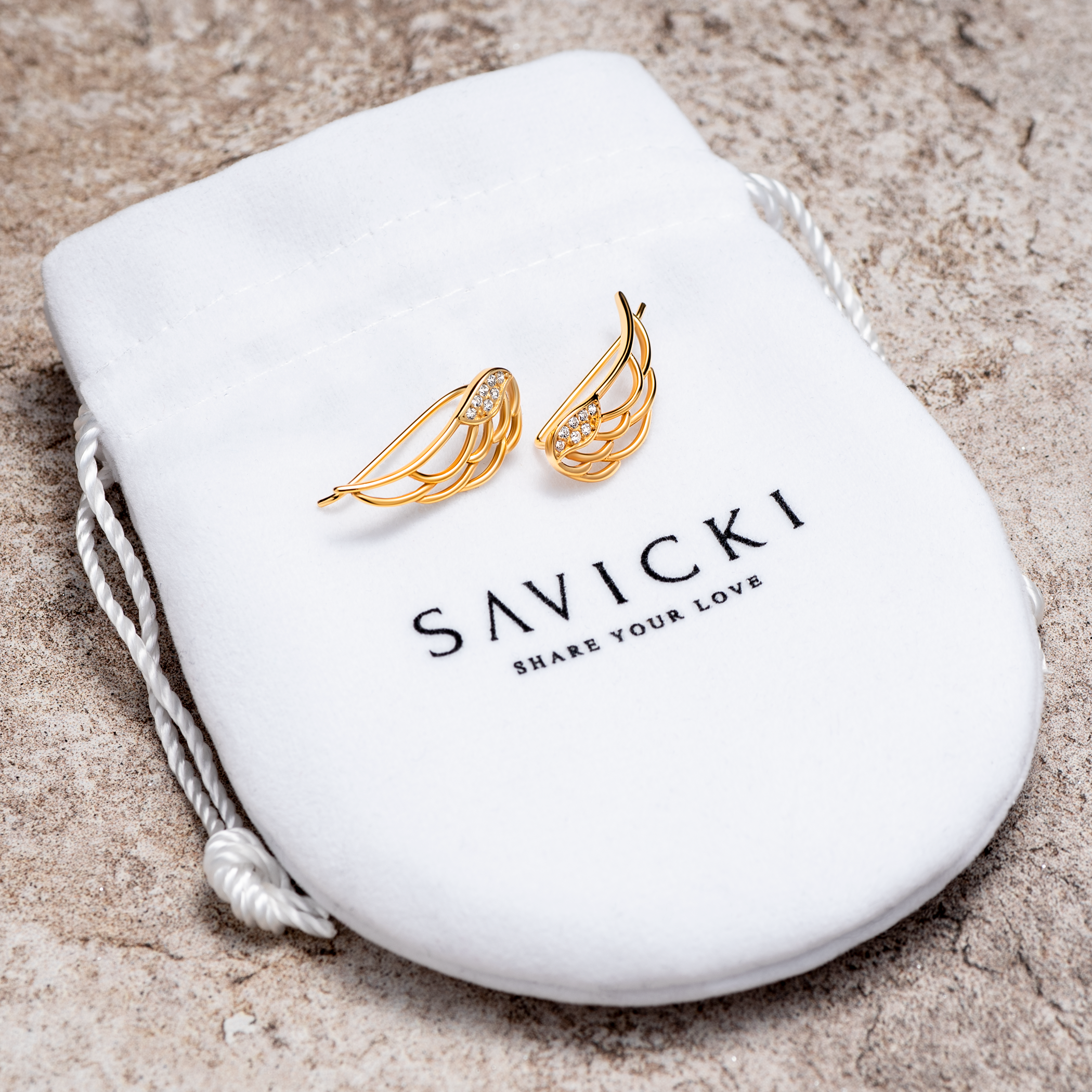 Kolczyki skrzydła Savicki: srebrne pozłacane, cyrkonie - 4