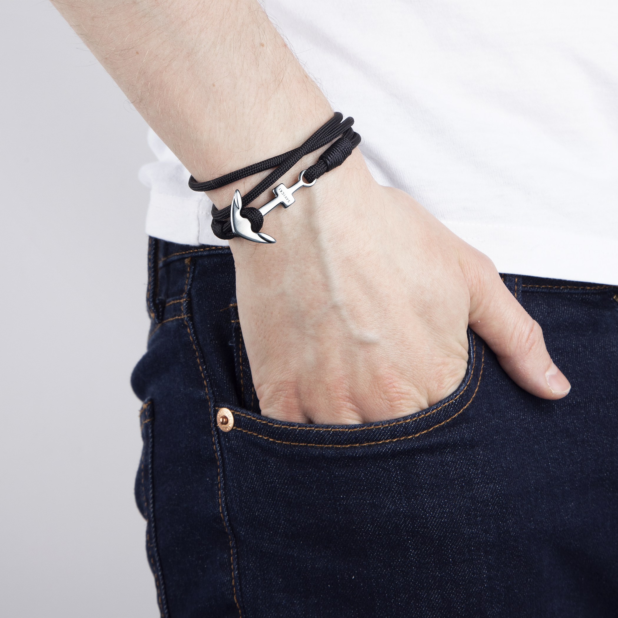 Bransoletka męska kotwica Savicki: rzemień, stal - 4