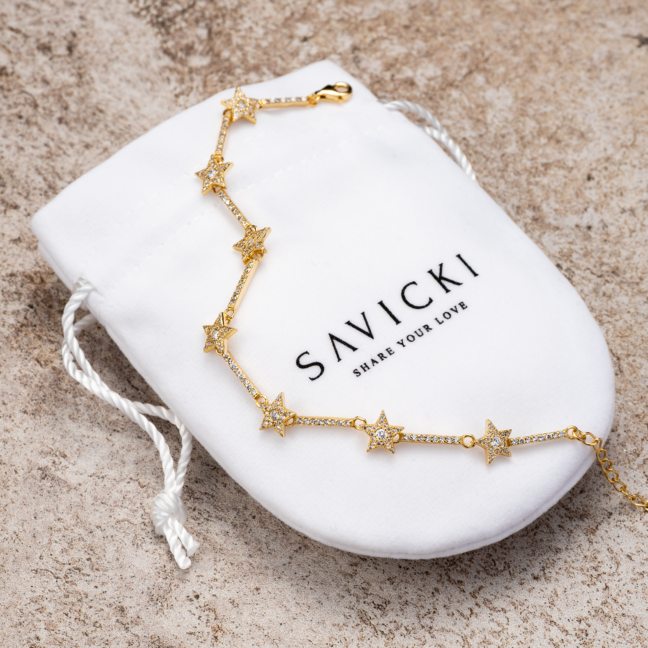 Bransoletka gwiazdki celebrytka Savicki: srebrna pozłacana, cyrkonie - 3
