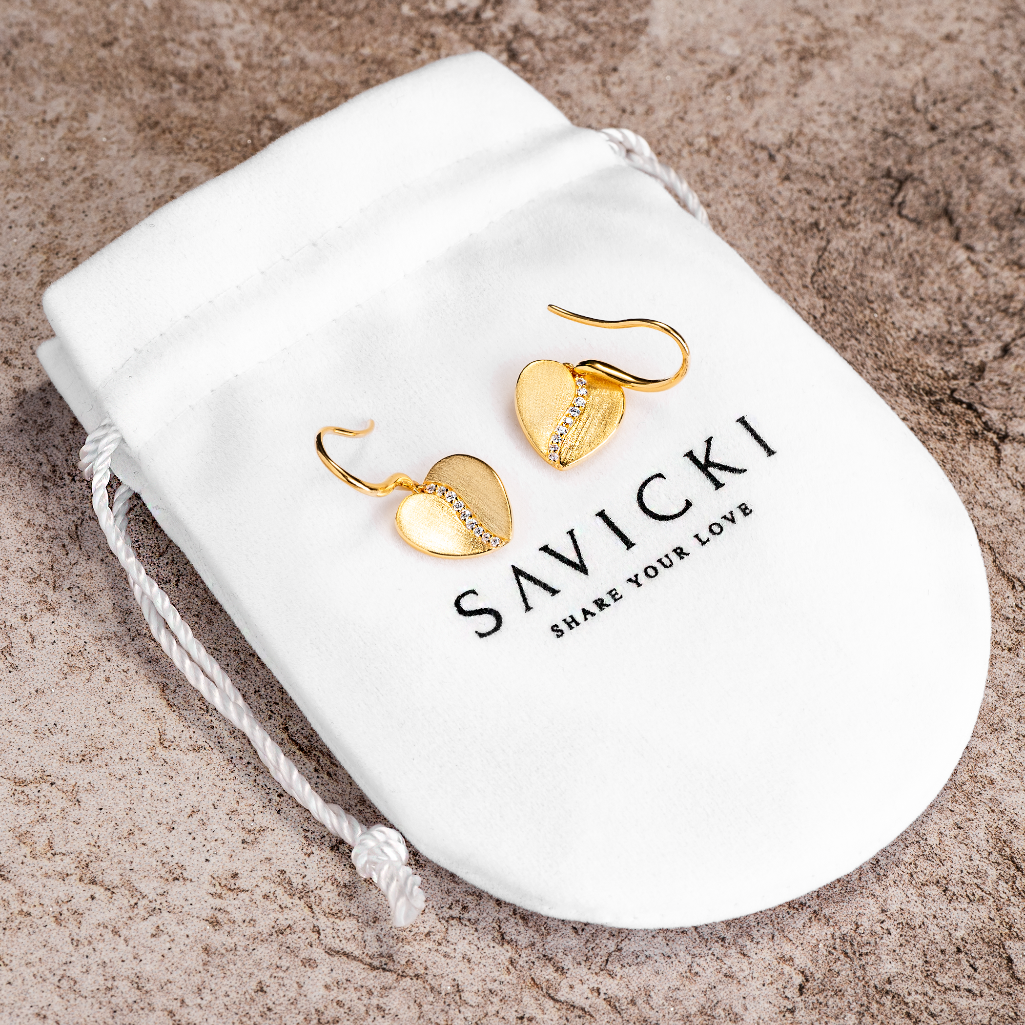 Kolczyki serca Savicki: srebrne pozłacane, cyrkonie - 3
