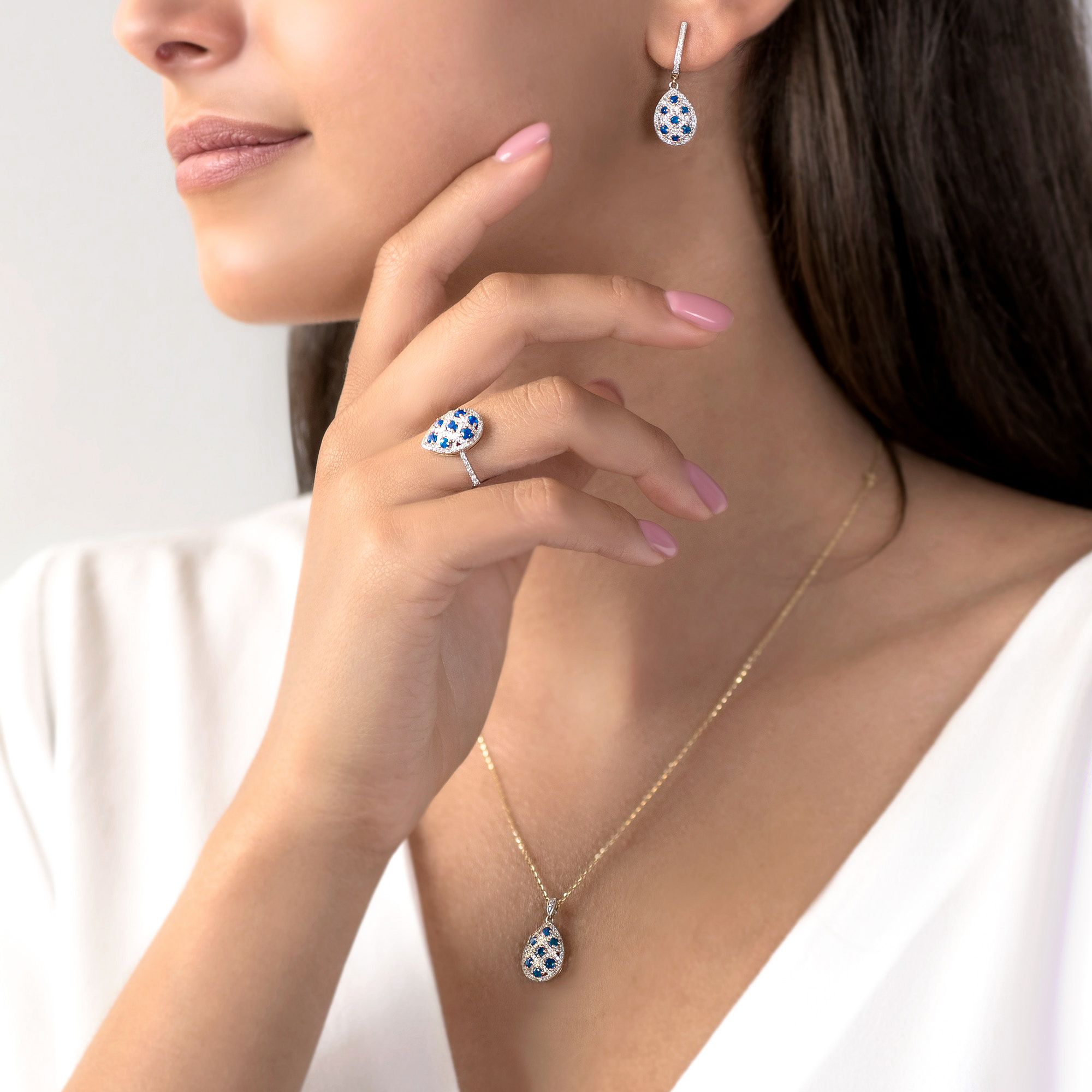 Schmuckset Savicki: Zweifarbiges Gold, Blaue Saphire, Diamanten - 3