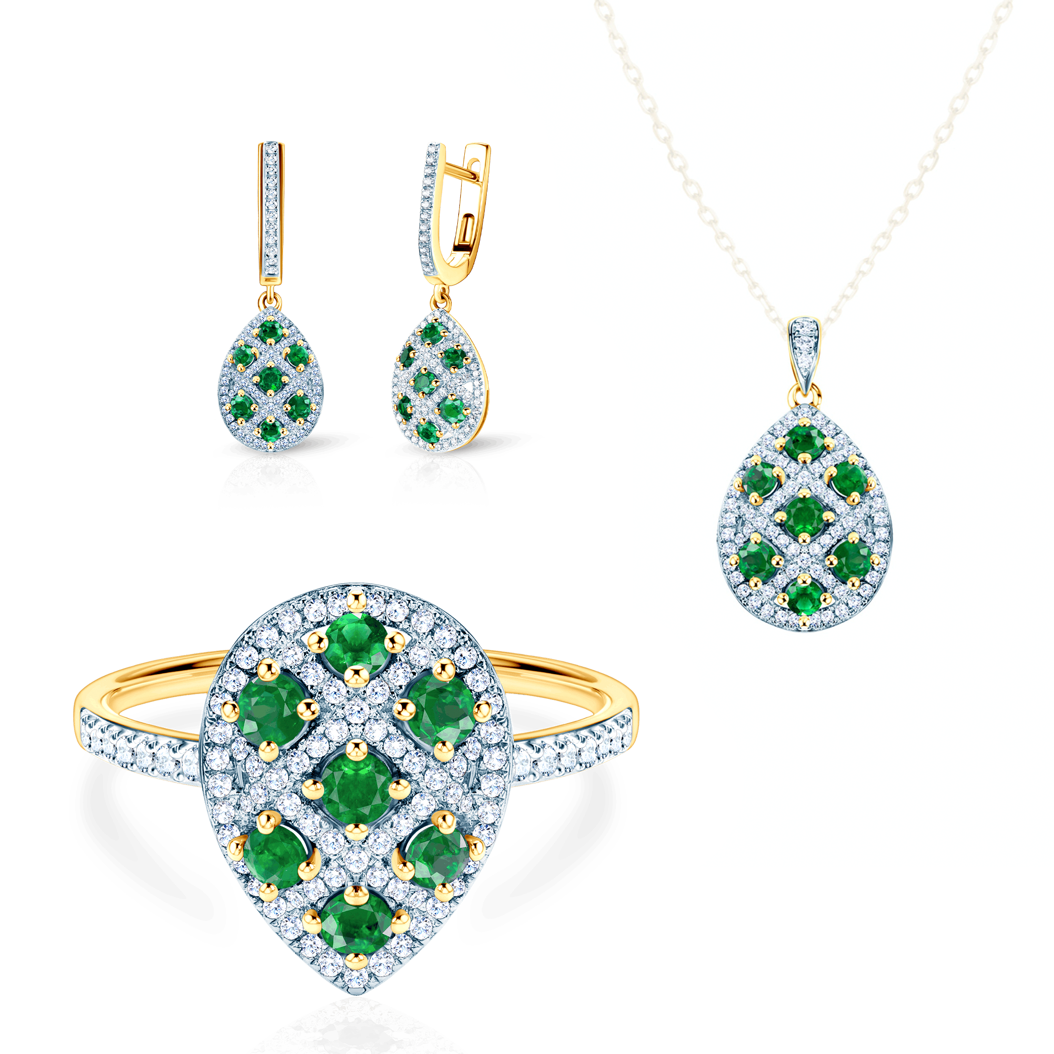 Jewellery Set Savicki: two colour gold, emeralds, diamonds