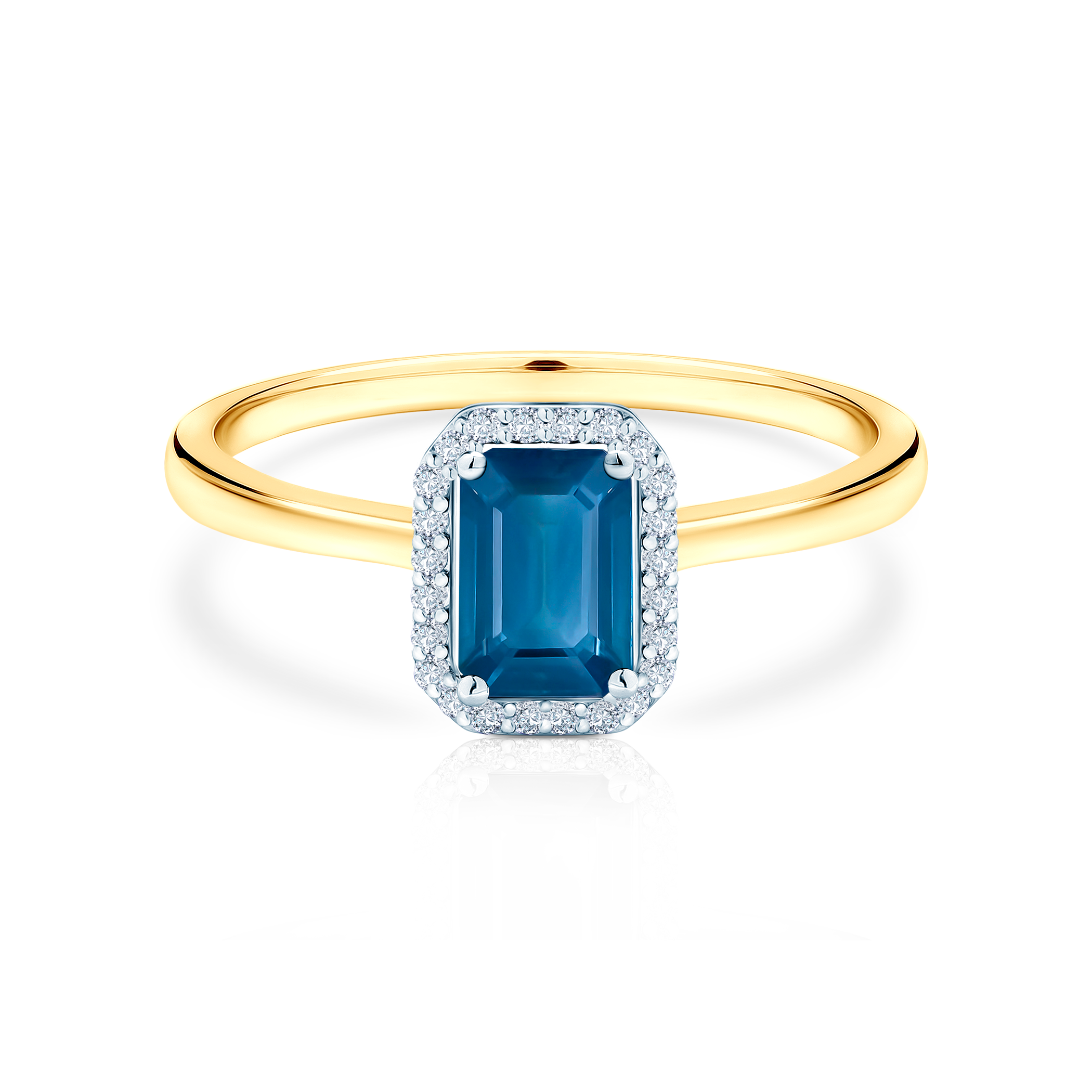 Halo Engagement Ring: two colour gold, blue sapphire