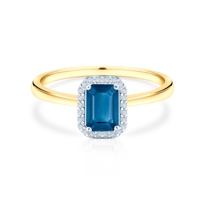 Halo Engagement Ring: two colour gold, blue sapphire