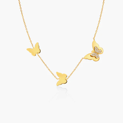 Naszyjnik motyl złoty 585 z białymi diamentami 0.1ct 46 cm
