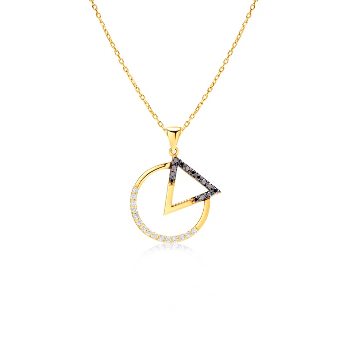 Savick circle, triangle necklace: gold, diamonds, black diamonds