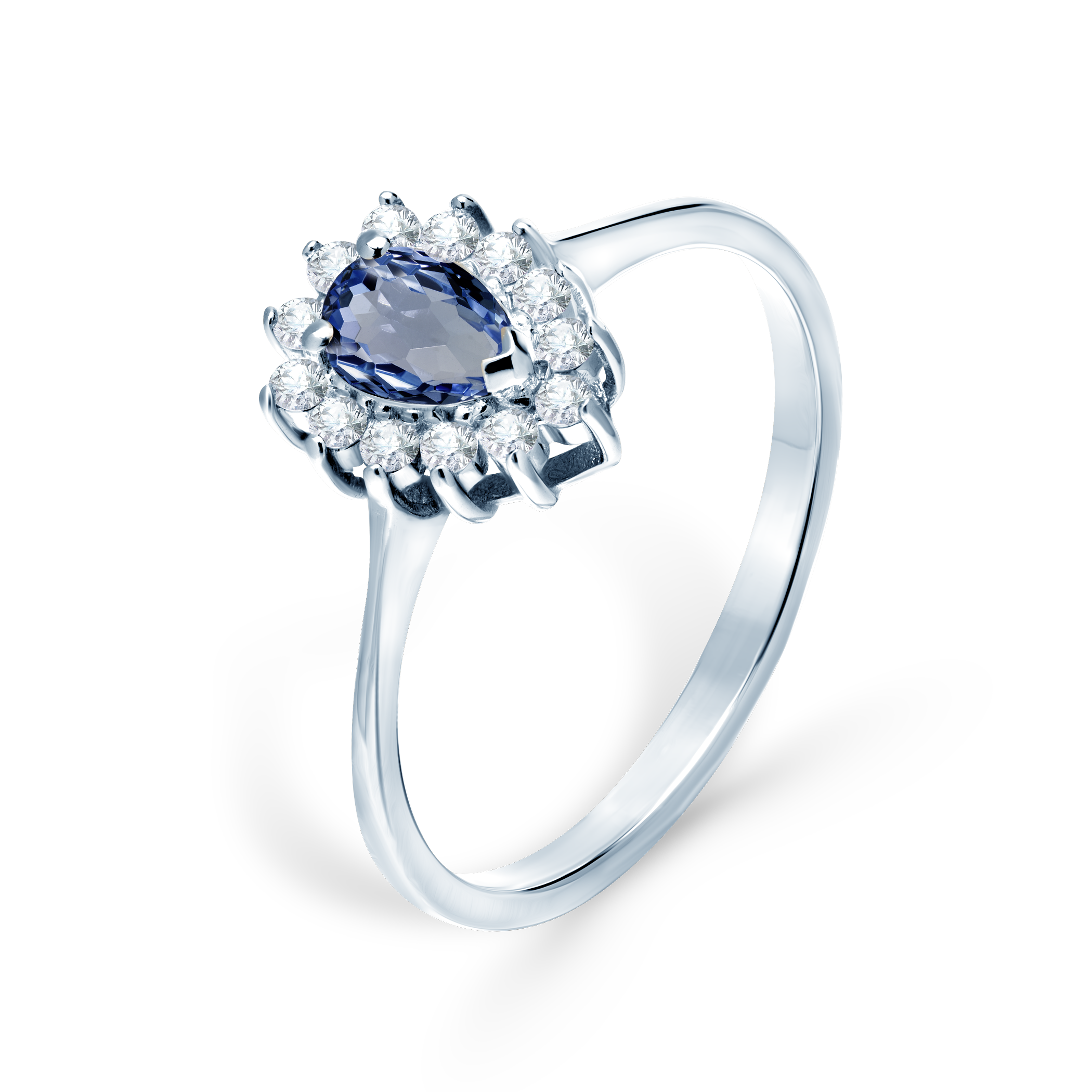 Pierścionek zaręczynowy SAVICKI: białe złoto, niebieski szafir