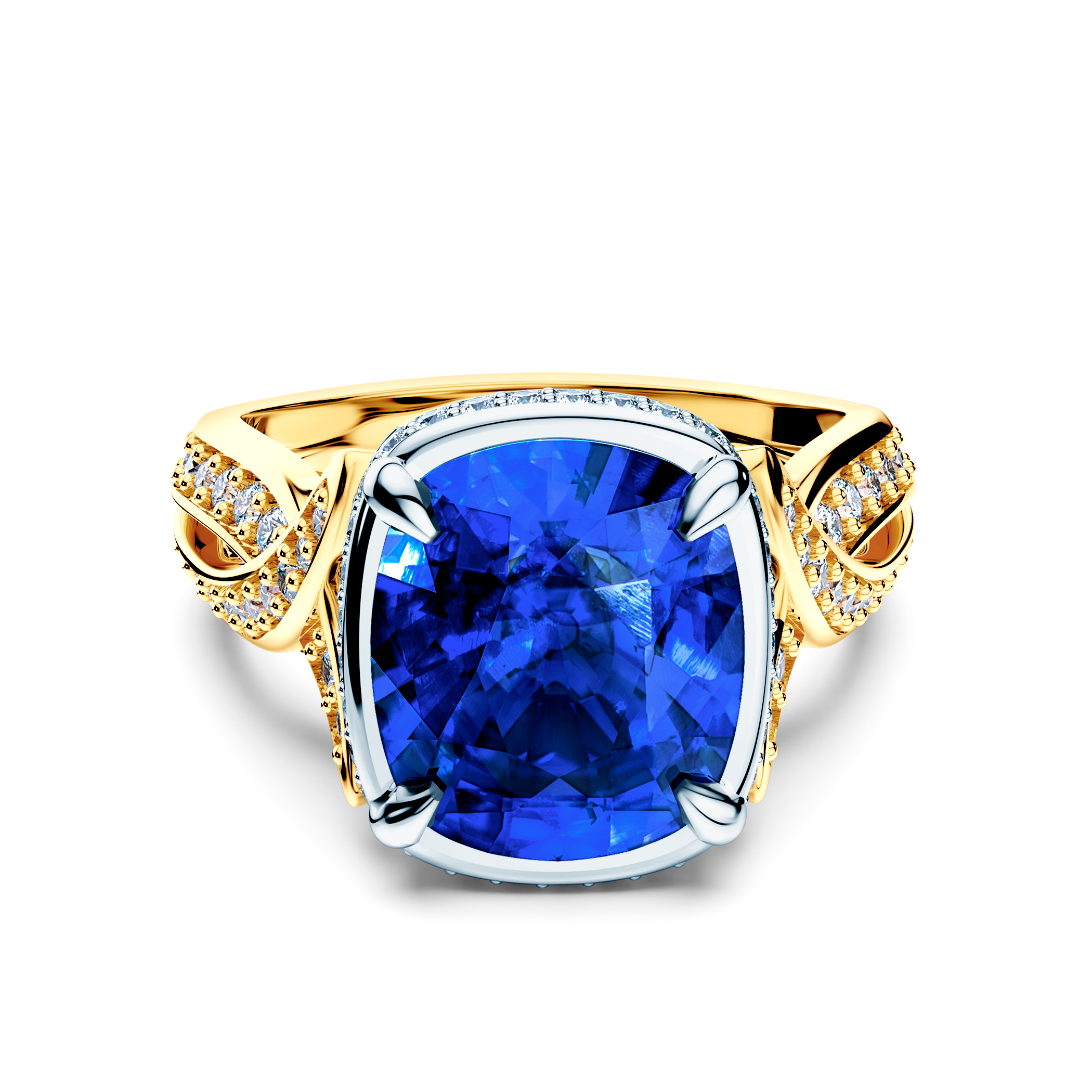 Pierścionek SAVICKI: dwukolorowe złoto, niebieski szafir, diamenty
