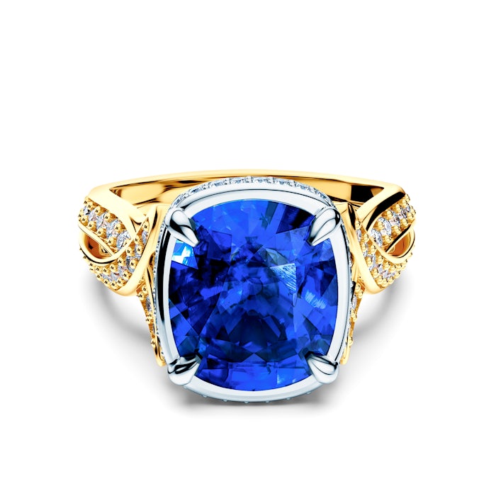 Pierścionek SAVICKI: dwukolorowe złoto, niebieski szafir, diamenty