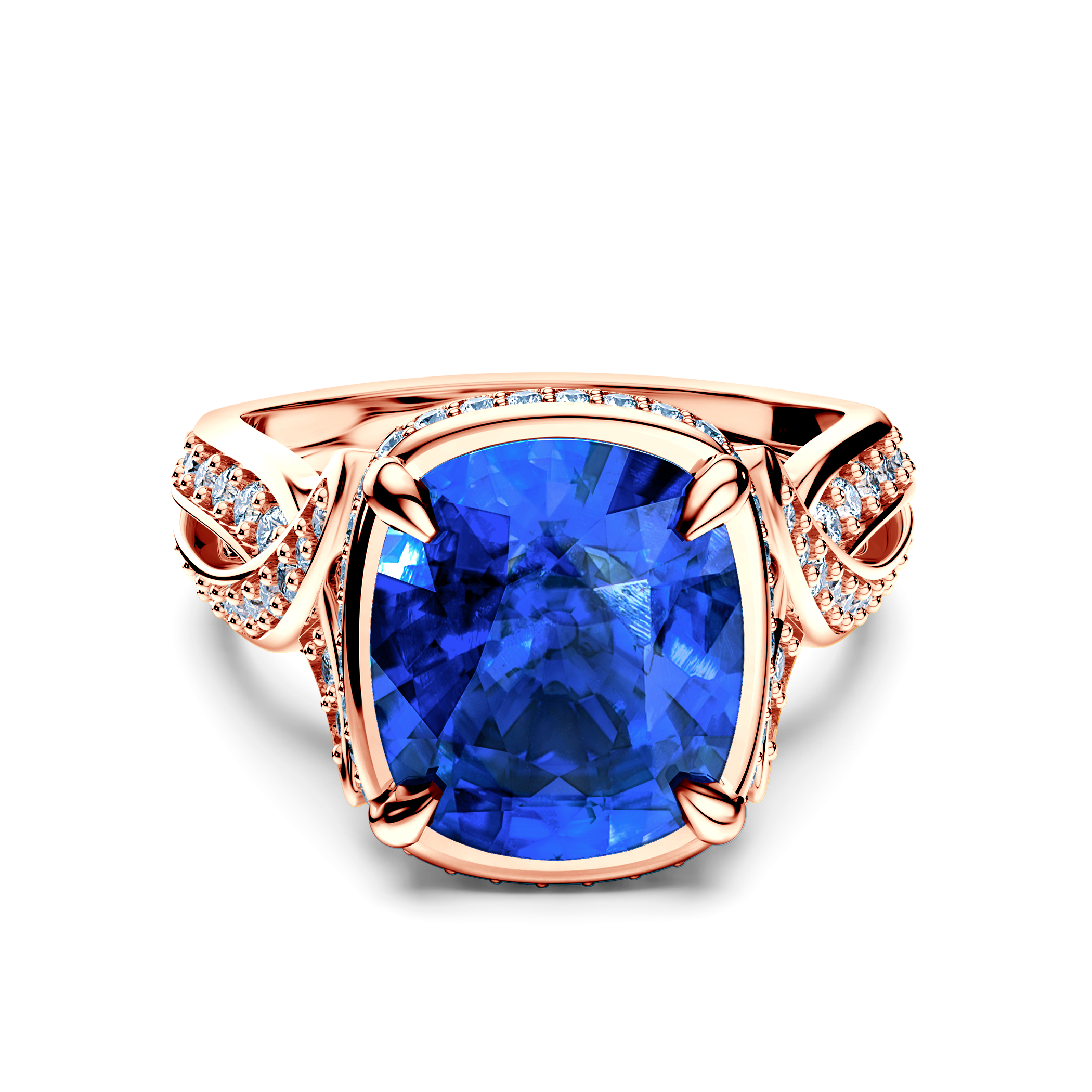 Pierścionek SAVICKI: różowe złoto, niebieski szafir, diamenty