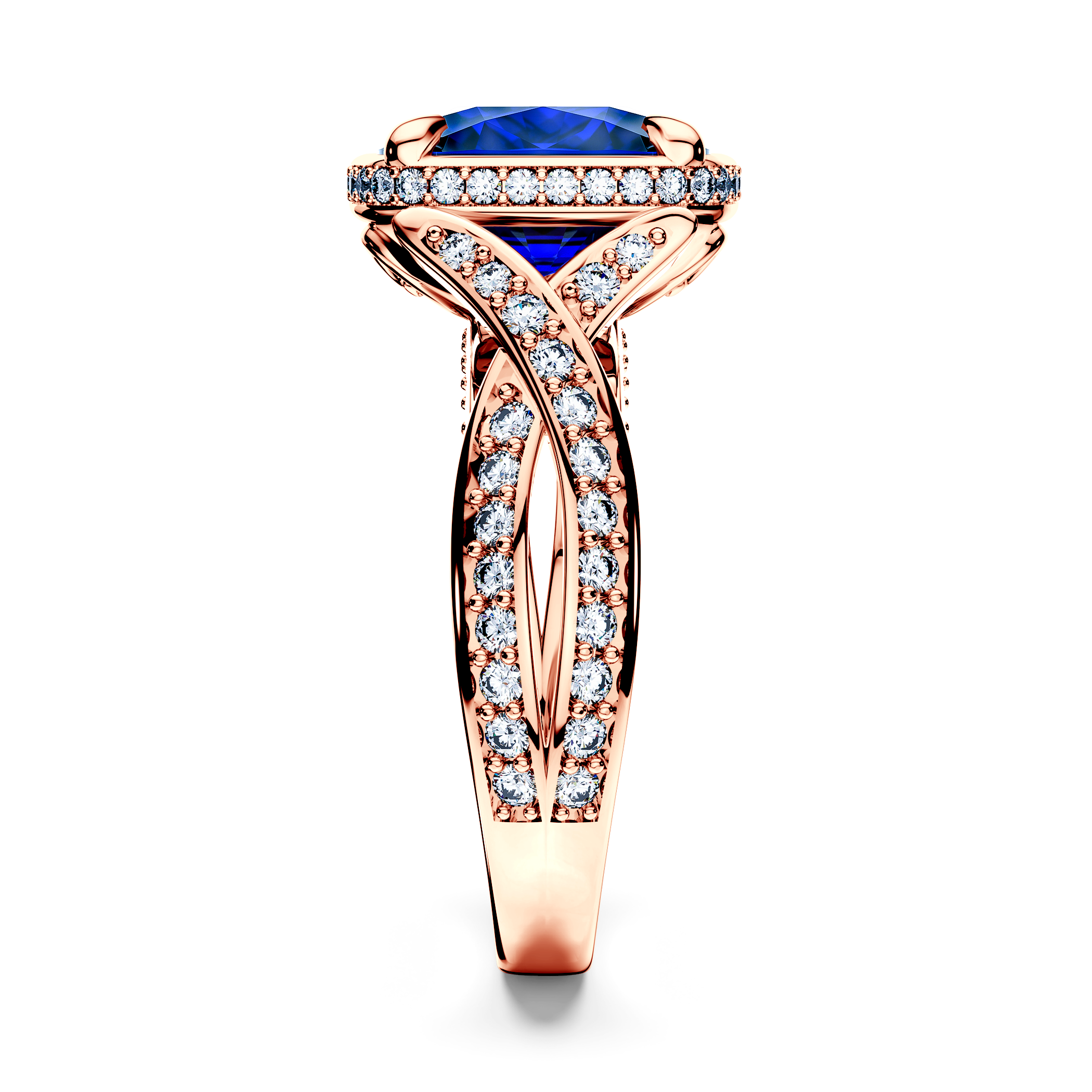 Pierścionek SAVICKI: różowe złoto, niebieski szafir, diamenty