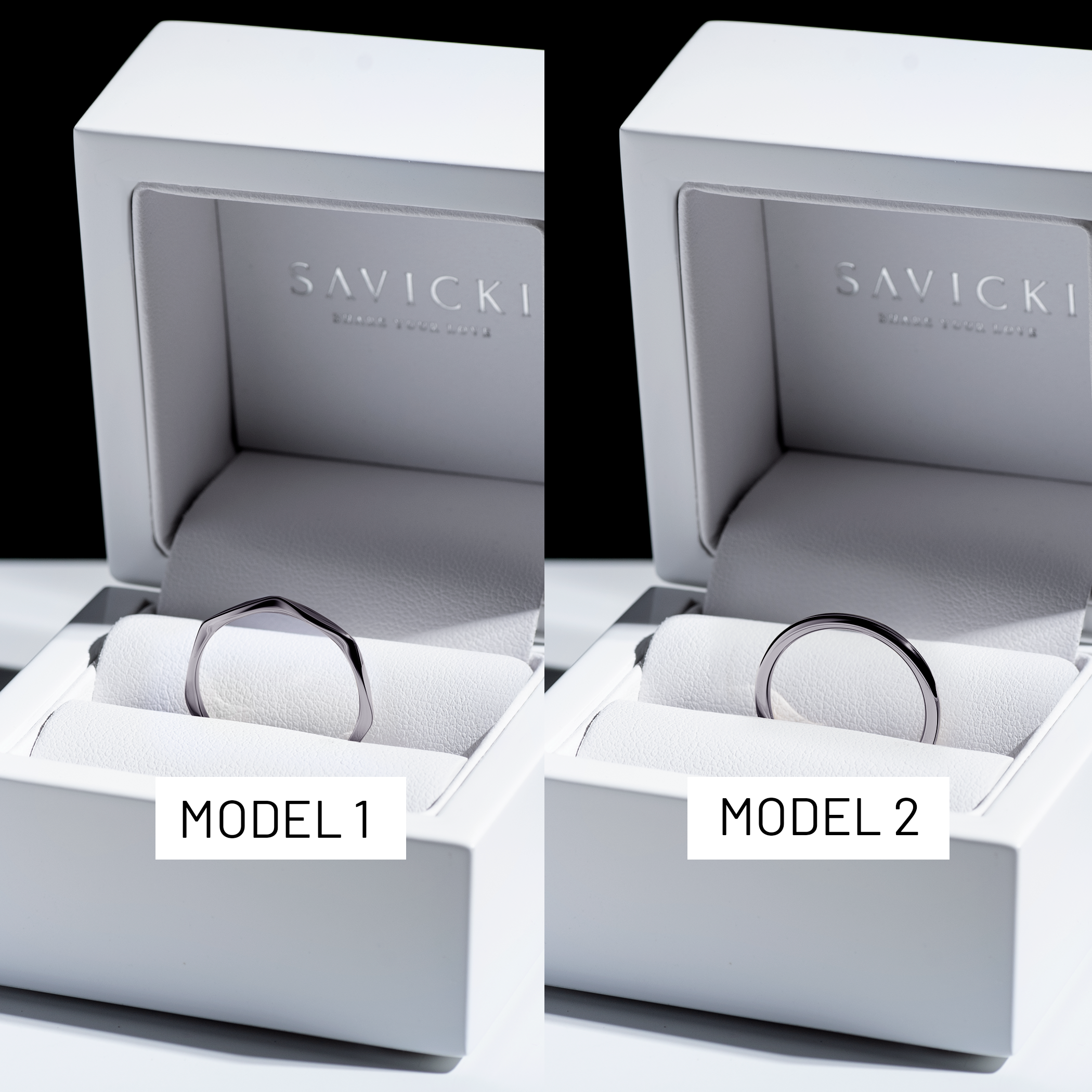 Partnerringe Sign of Love®: schwarzes Gold, flach 1,9 mm und rund 1,7 mm