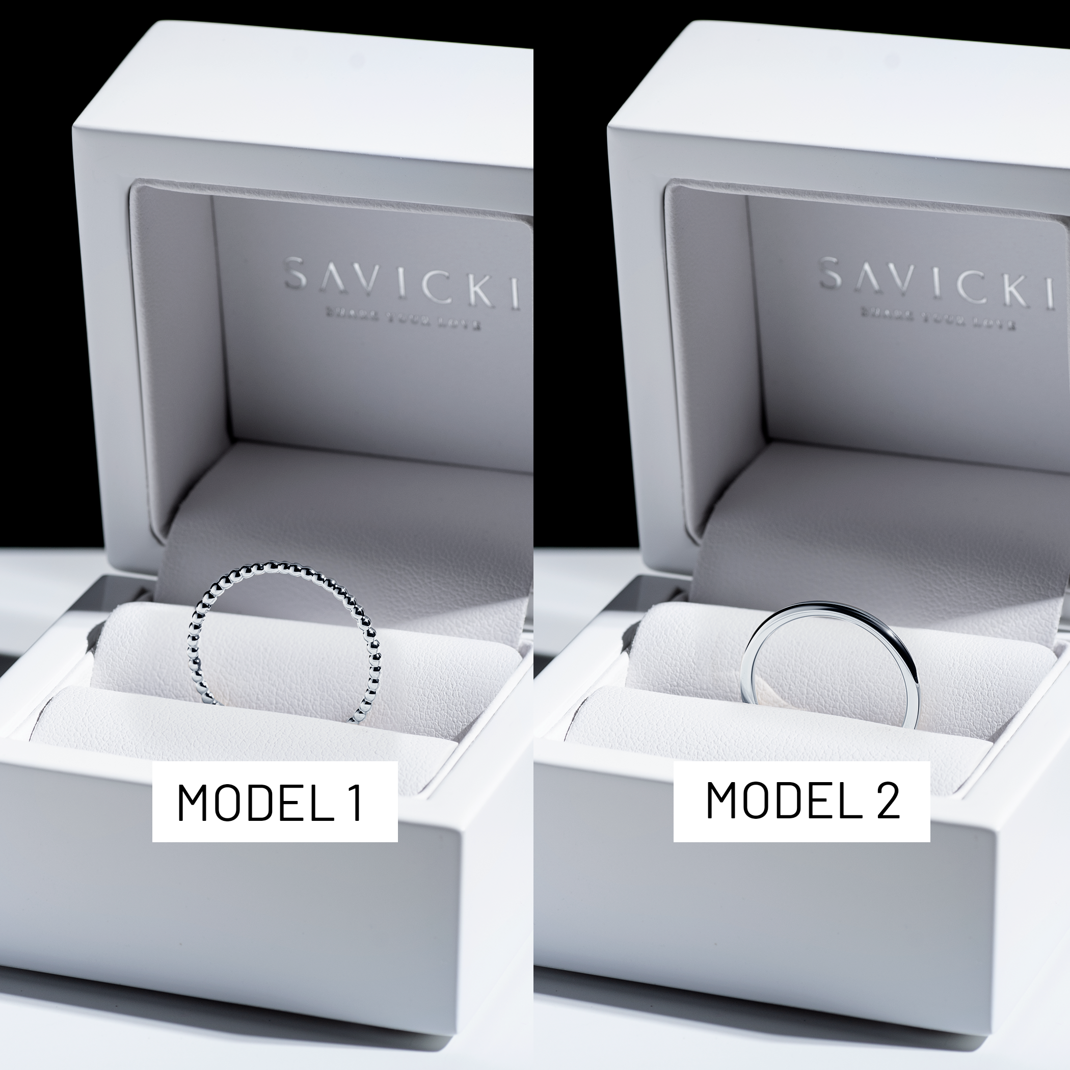 Partnerringe Sign of Love®: Weißgold, rund 1,3 mm und rund 1,7 mm