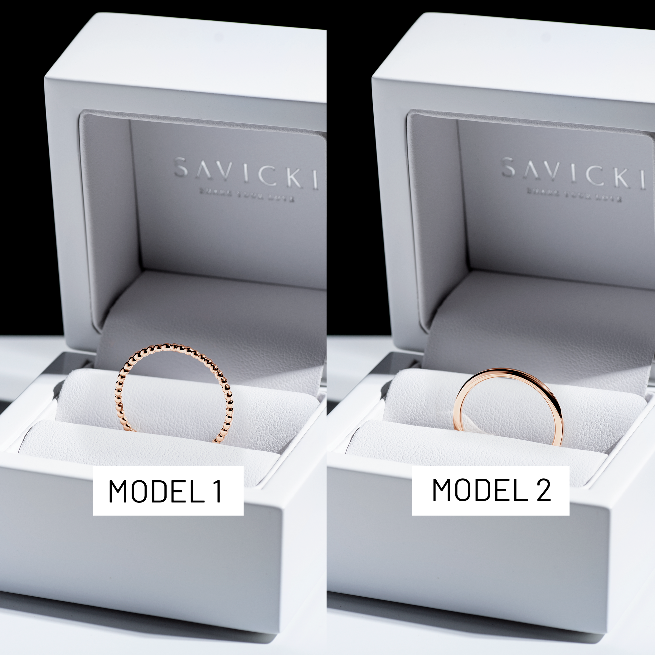 Partnerringe Sign of Love®: Roségold, rund 1,3 mm und rund 1,7 mm