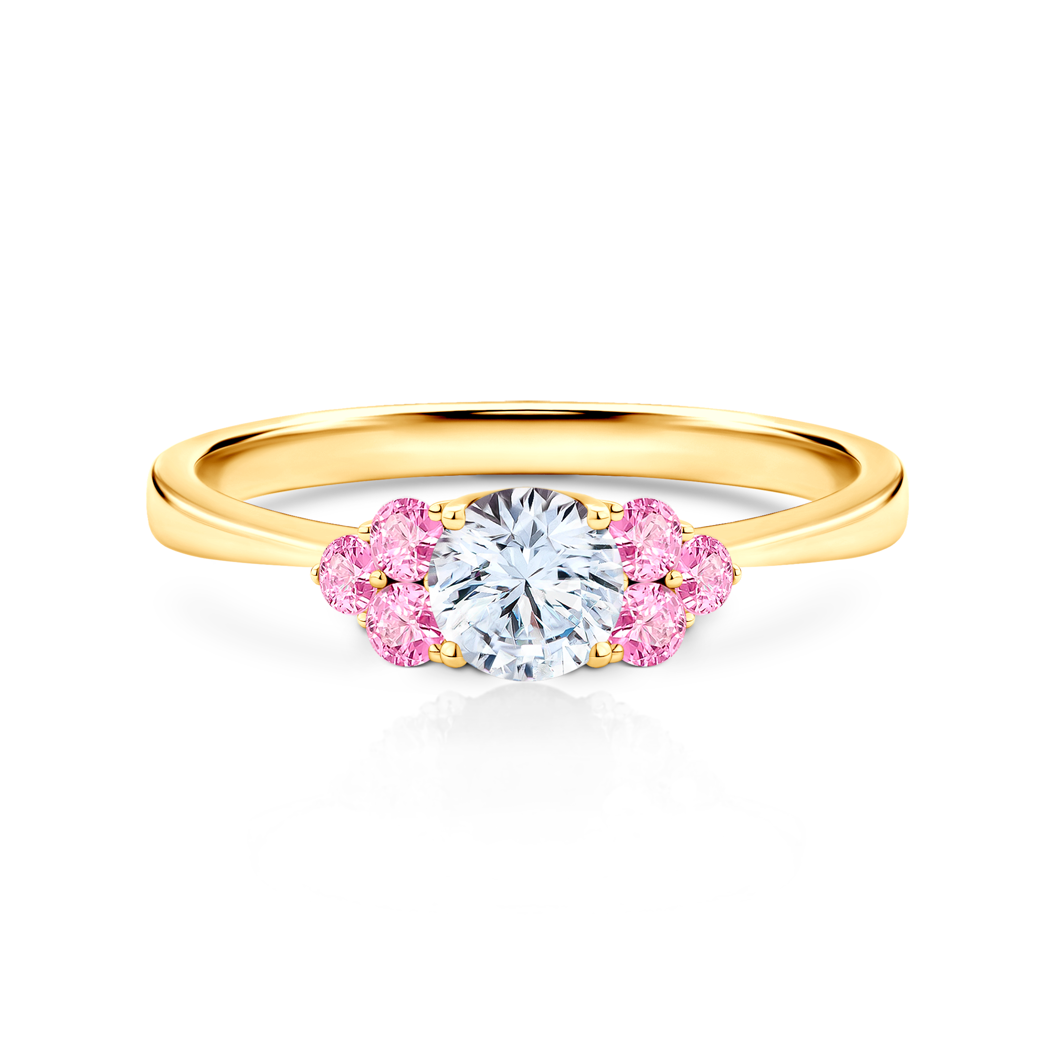 Zásnubní prsten Fairytale: žluté zlato, bílý safír, růžové safíry