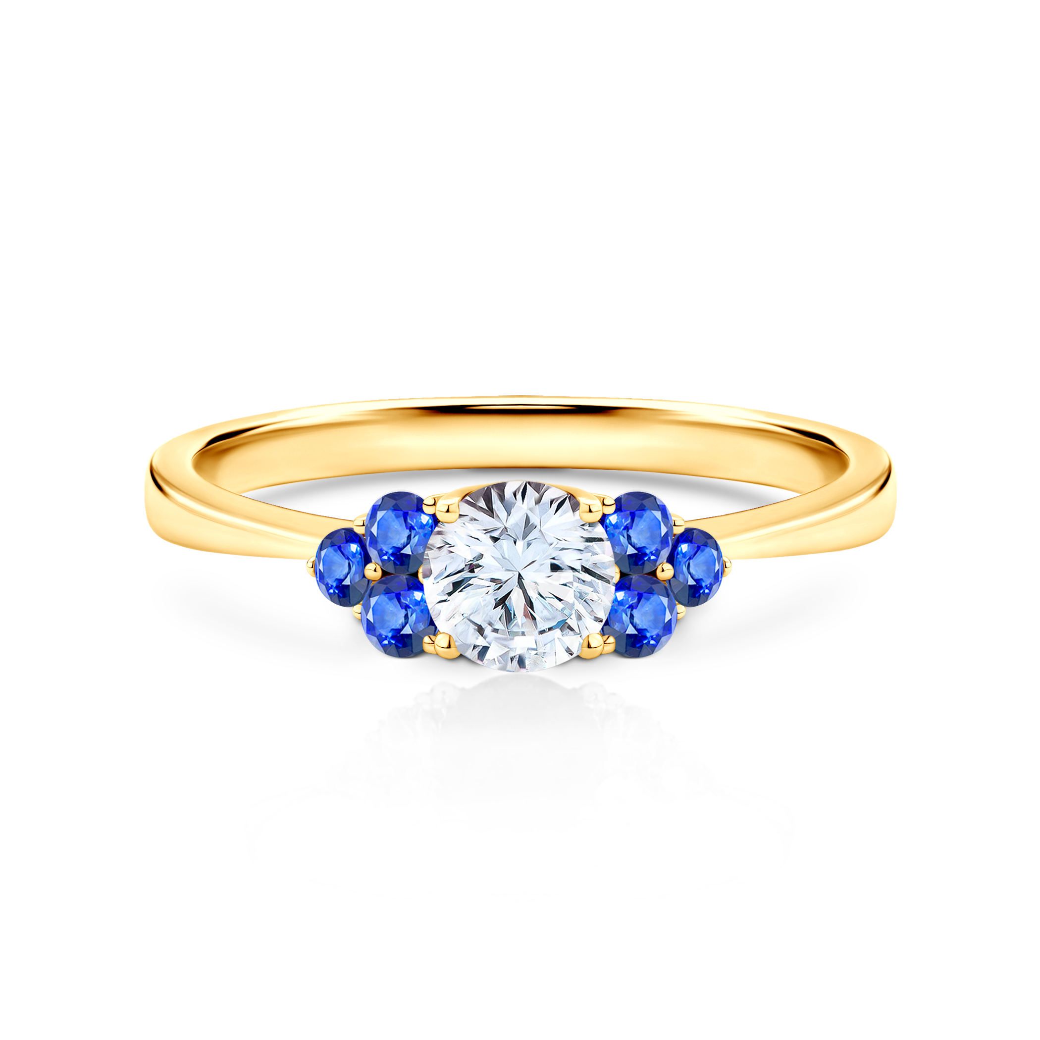 Zásnubní prsten Fairytale: žluté zlato, bílý safír, modré safíry