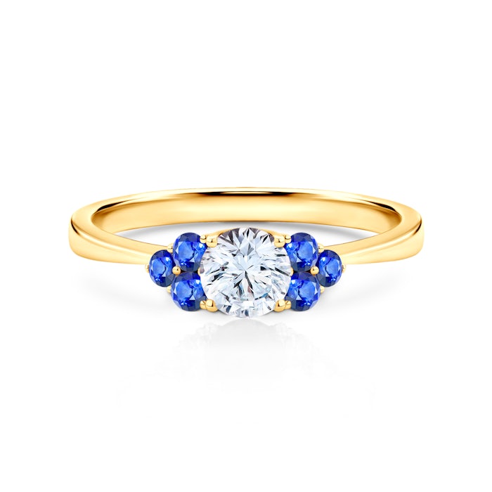 Zásnubní prsten Fairytale: žluté zlato, bílý safír, modré safíry