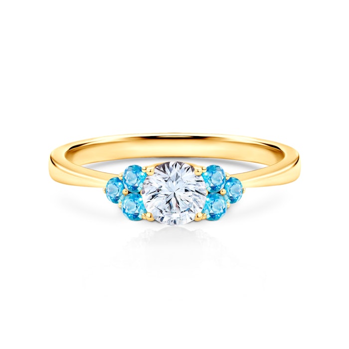 Zásnubní prsten Fairytale: žluté zlato, bílý safír, topazy