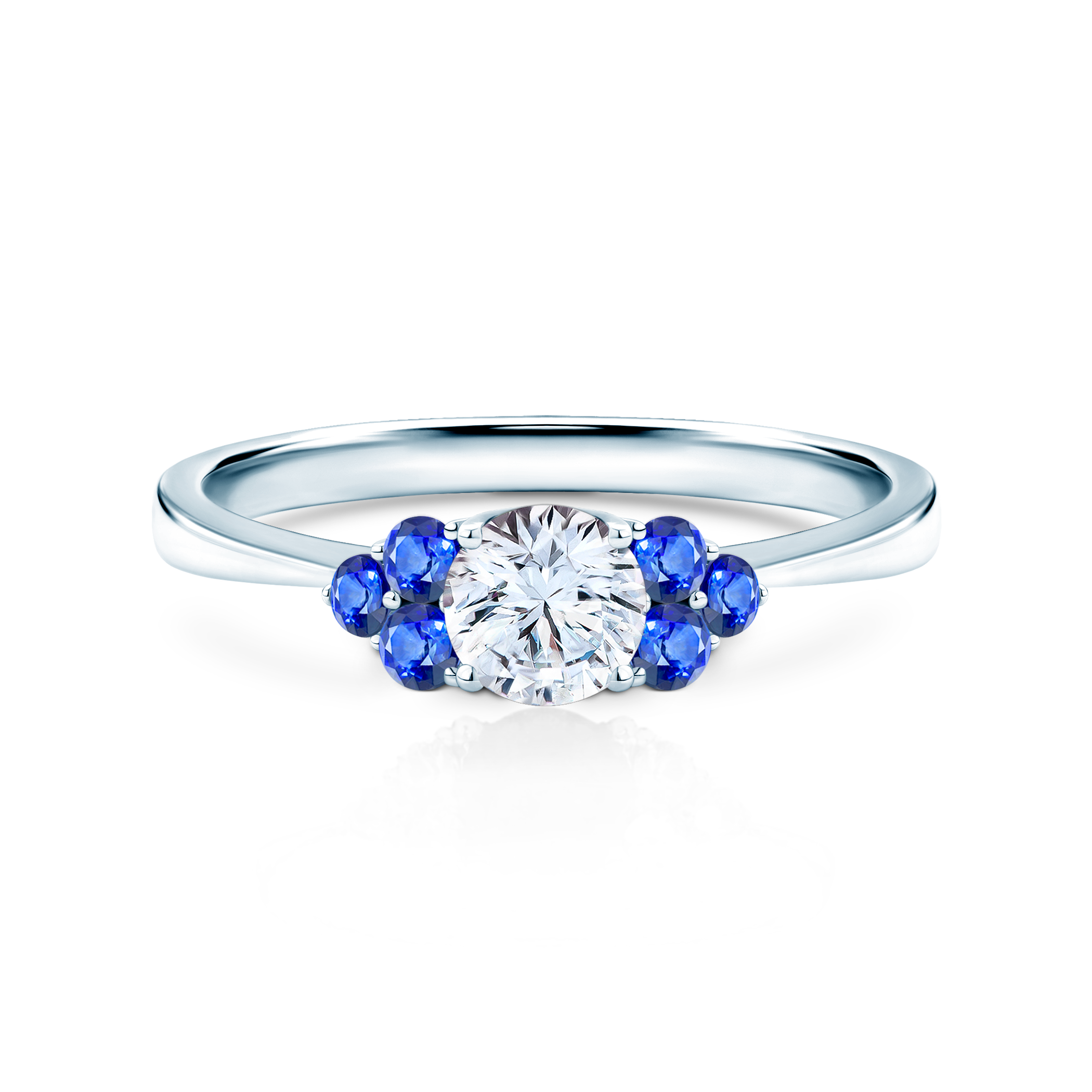 Zásnubní prsten Fairytale: bílé zlato, bílý safír, modré safíry