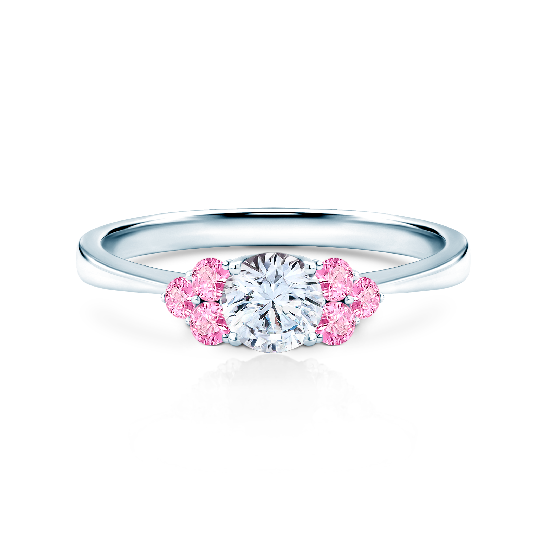 Zásnubní prsten Fairytale: bílé zlato, bílý safír, růžové safíry