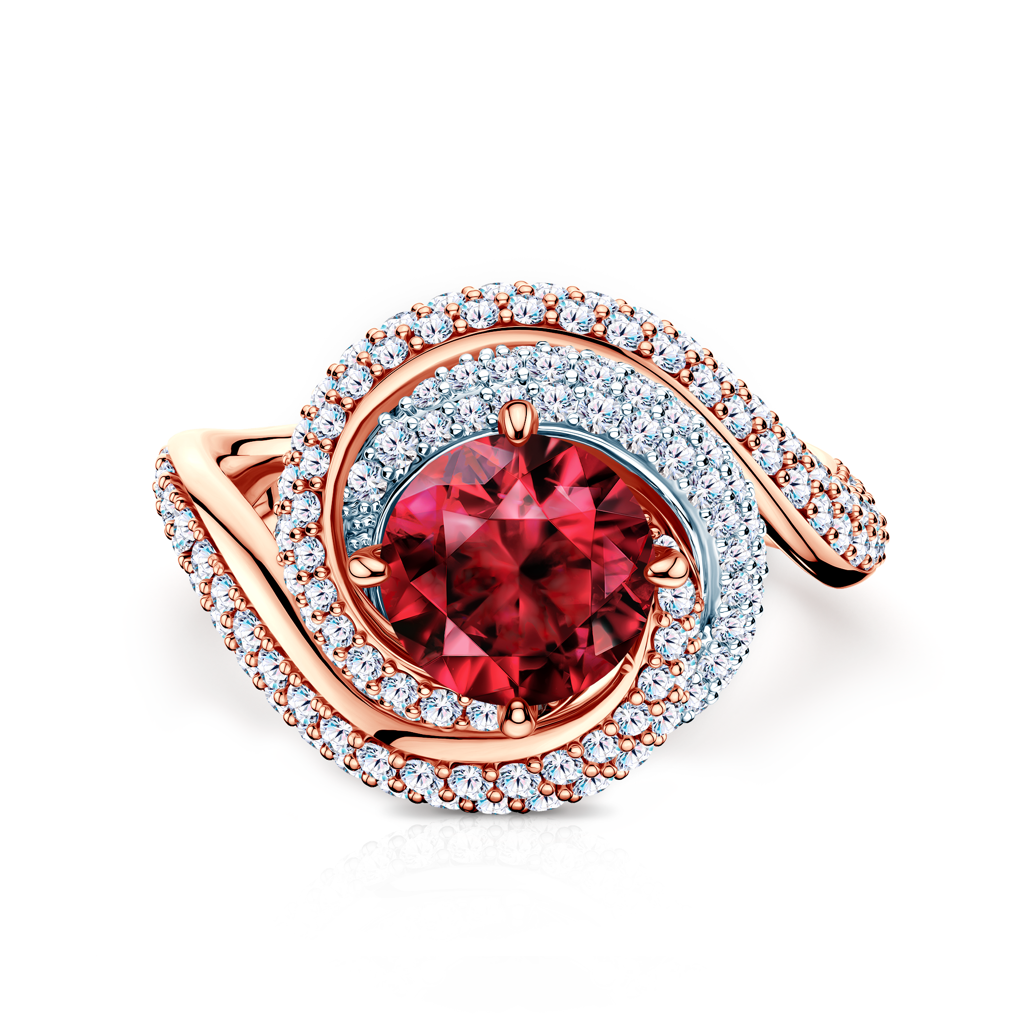 Pierścionek Savicki: dwukolorowe złoto, rubin, diamenty