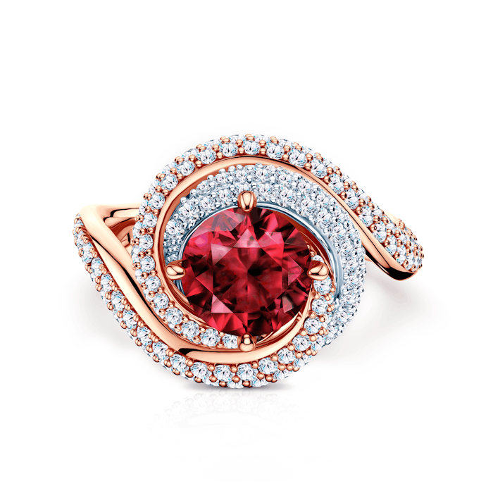 Pierścionek Savicki: dwukolorowe złoto, rubin, diamenty