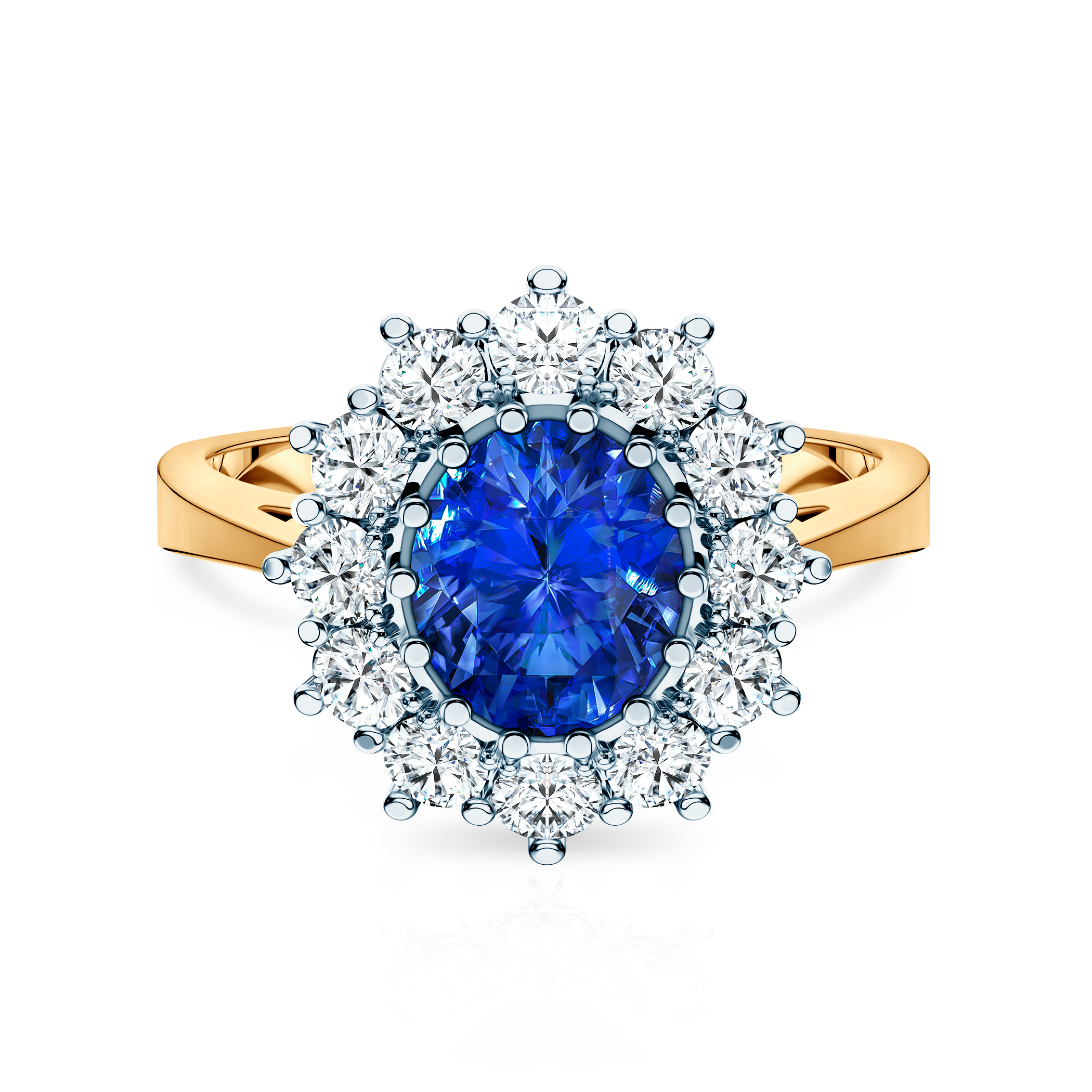 Pierścionek Savicki: dwukolorowe złoto, niebieski szafir, diamenty