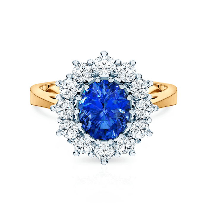 Pierścionek Savicki: dwukolorowe złoto, niebieski szafir, diamenty