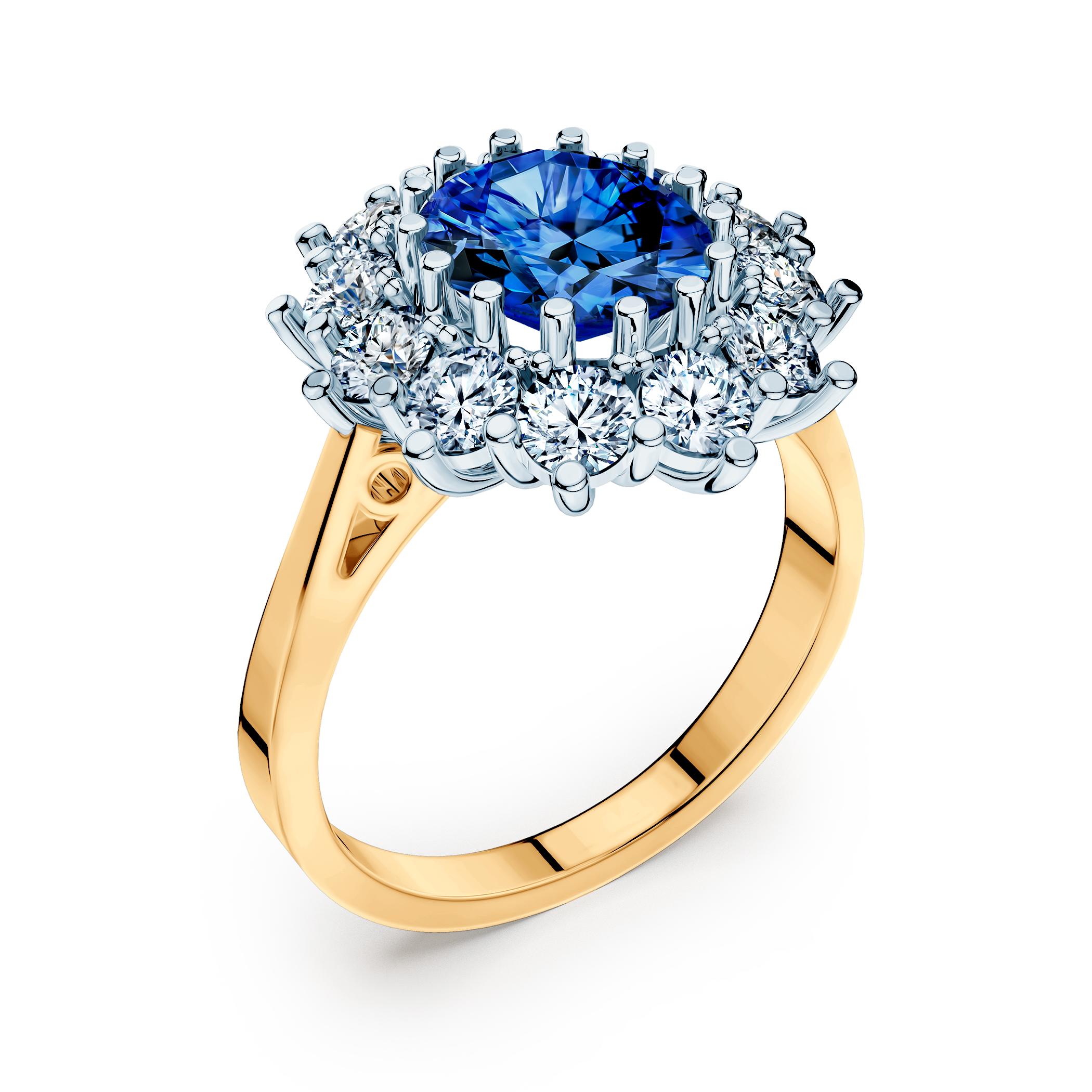 Pierścionek Savicki: dwukolorowe złoto, niebieski szafir, diamenty