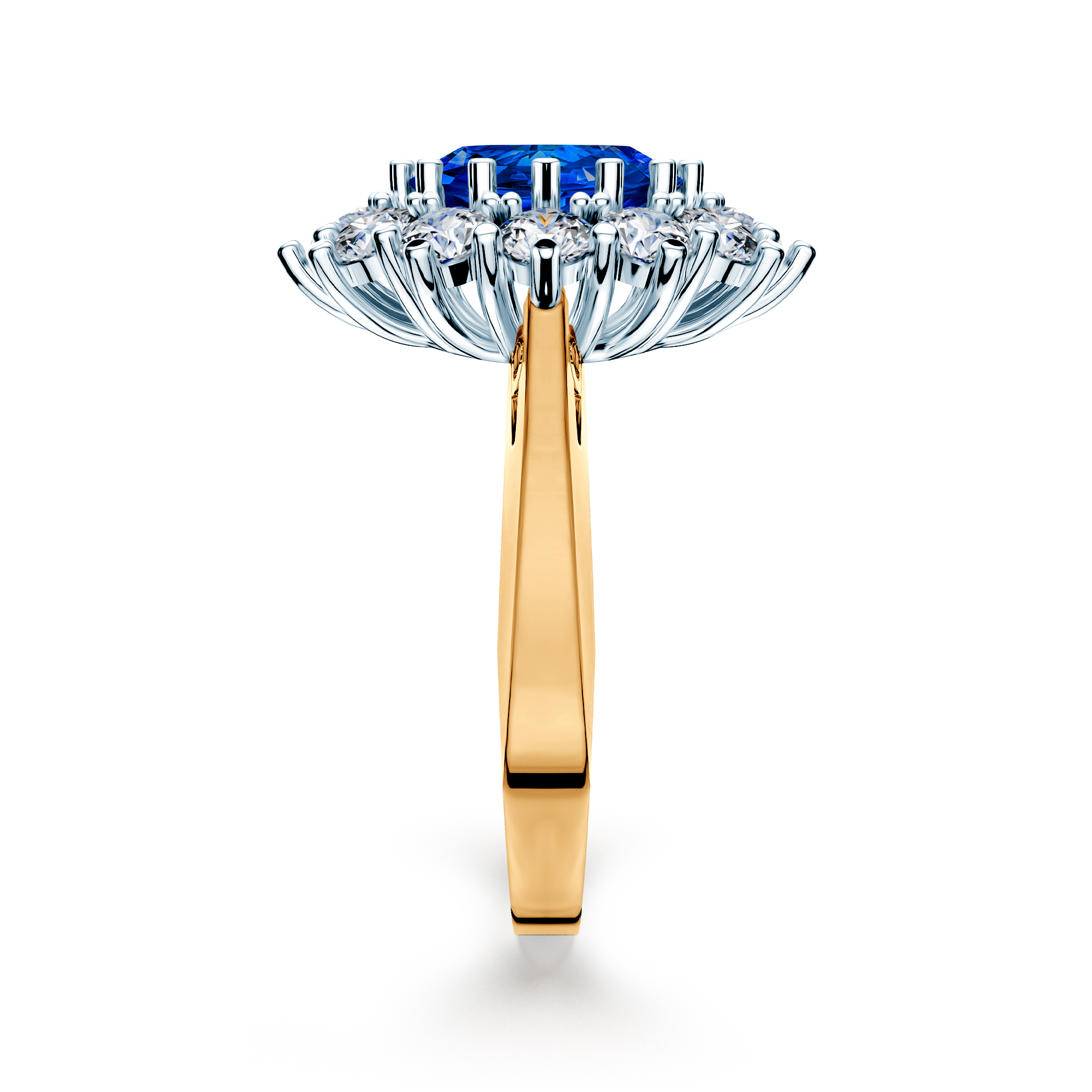 Pierścionek Savicki: dwukolorowe złoto, niebieski szafir, diamenty