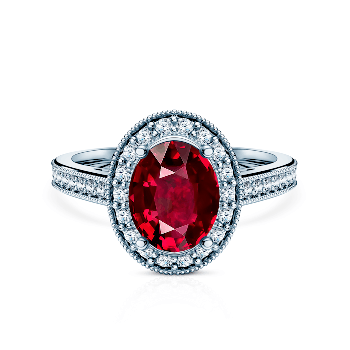 Pierścionek Savicki: białe złoto, rubin, diamenty