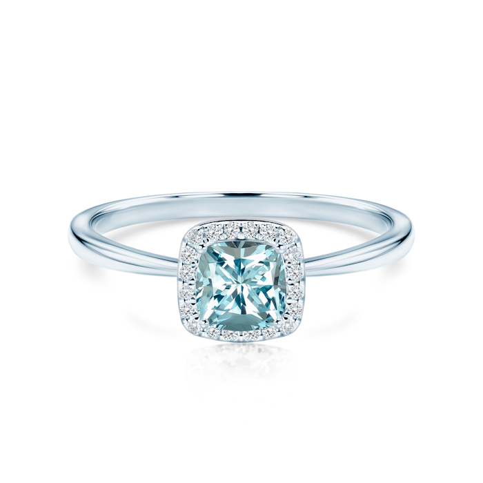 Pierścionek zaręczynowy SAVICKI: białe złoto, akwamaryn, diamenty