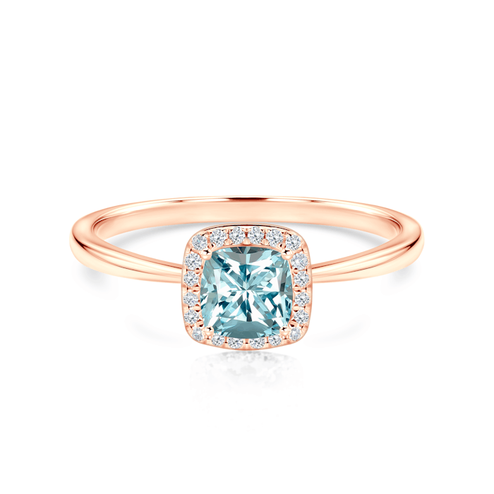 Zásnubní prsten SAVICKI: růžové zlato, akvamarín, diamanty