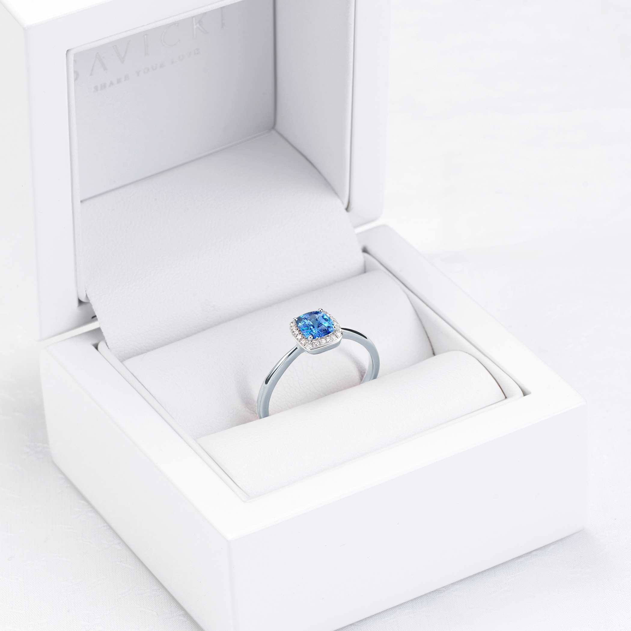 Pierścionek zaręczynowy SAVICKI: białe złoto, niebieski szafir, diamenty - 7